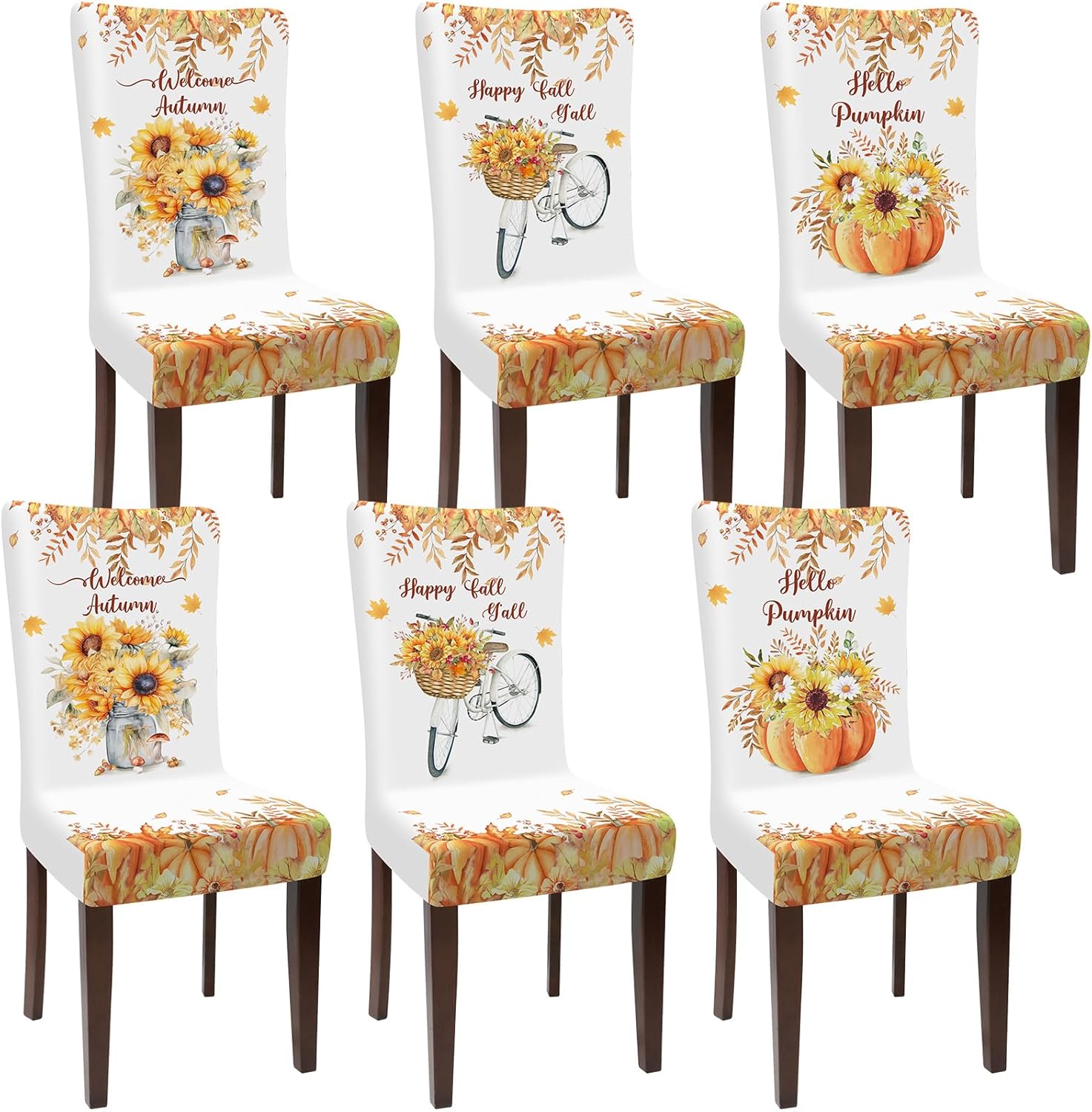 Preboun Fall Chair Covers Set of 6 Thanksgiving Dining Protector Stretch Removable Washable Autumn Pumpkin Sunflower Maple Leaves Slipcovers for Dining Hotel Party Wedding