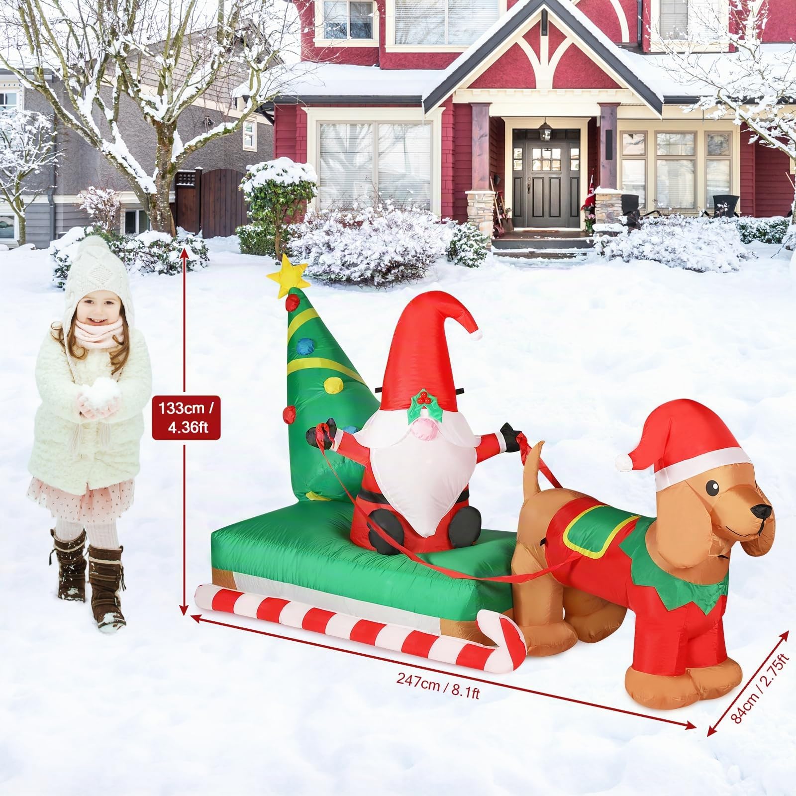 BLOOMWIN Aufblasbare Weihnachtsdeko Aussen - 2,5m Lang Aufblasbar Weihnachtsbeleuchtung Außen Figur Gnom Zwerg Dackel Schlitten Weihnachtsbaum Wetterfest XXL Deko Weihnachten Draußen Hof Garten