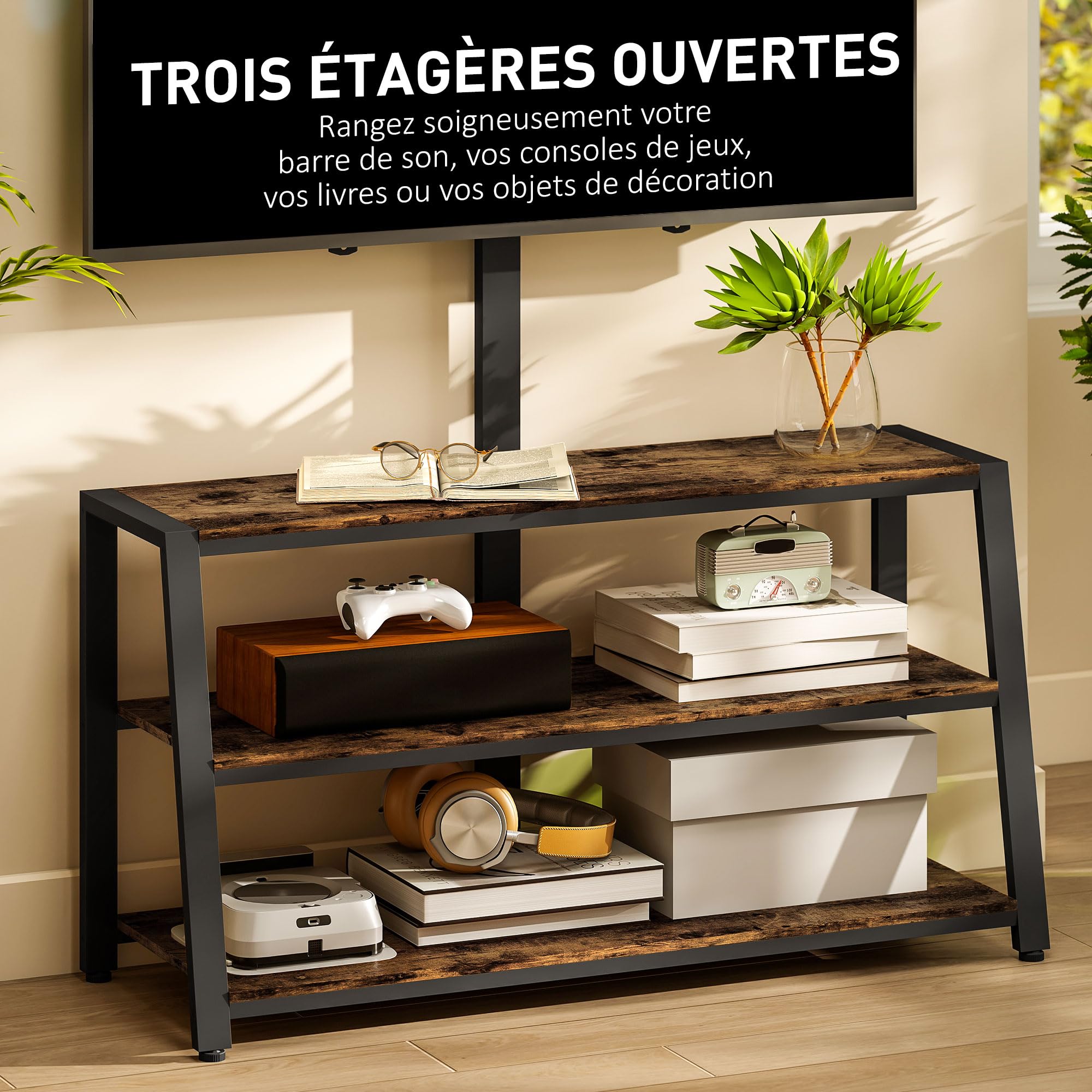 HOMCOM Meuble TV avec Support orientable 35°, Meuble télé pour téléviseurs de 32-70 Pouces, étagères Ouvertes, Banc TV Industriel pour Salon Chambre à Coucher, 108x41x135cm, Marron