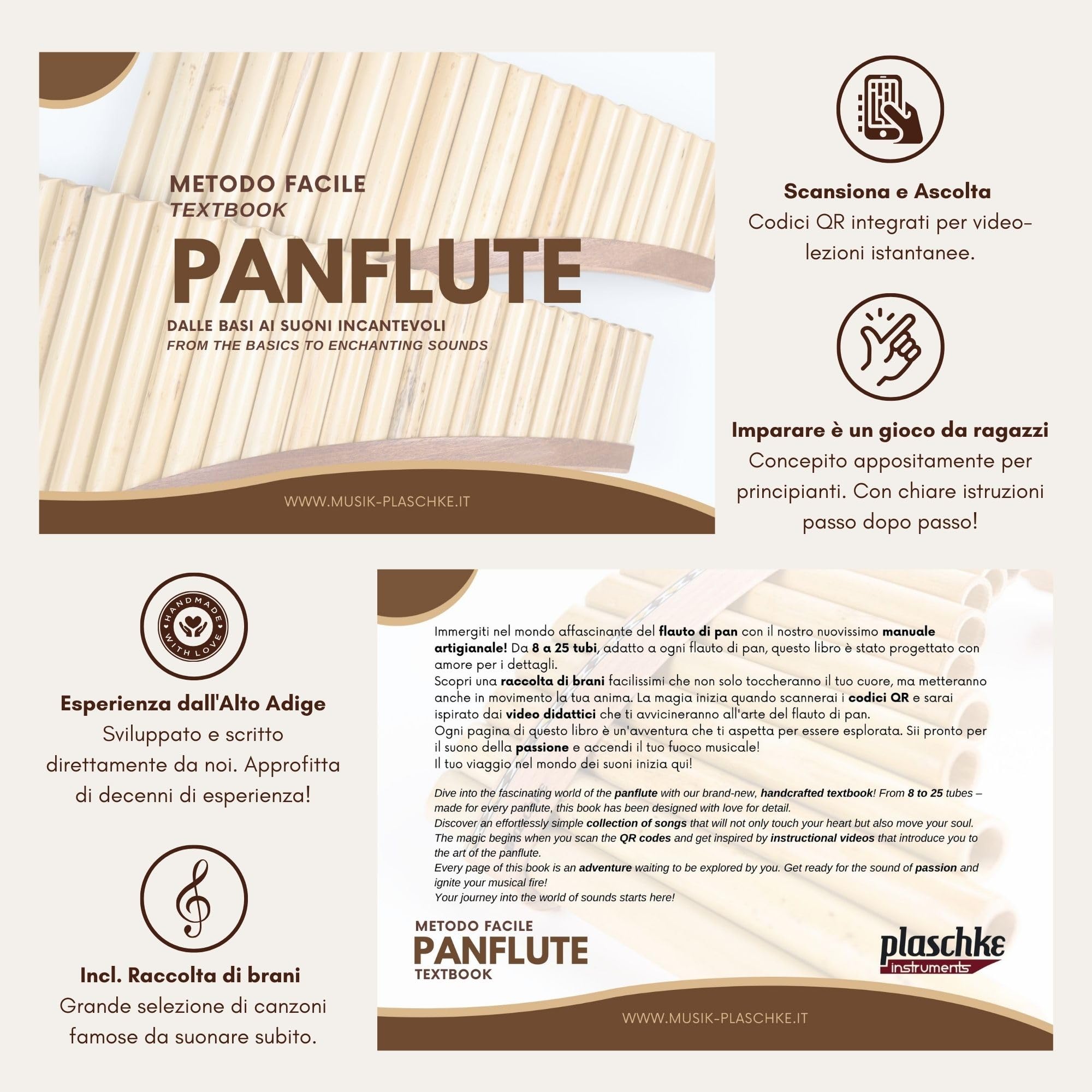 Plaschke Flauto di Pan 12 Note in Do Maggiore - Set per Iniziare con Manuale - Qualità Artigianale Altoatesina - Canna Naturale