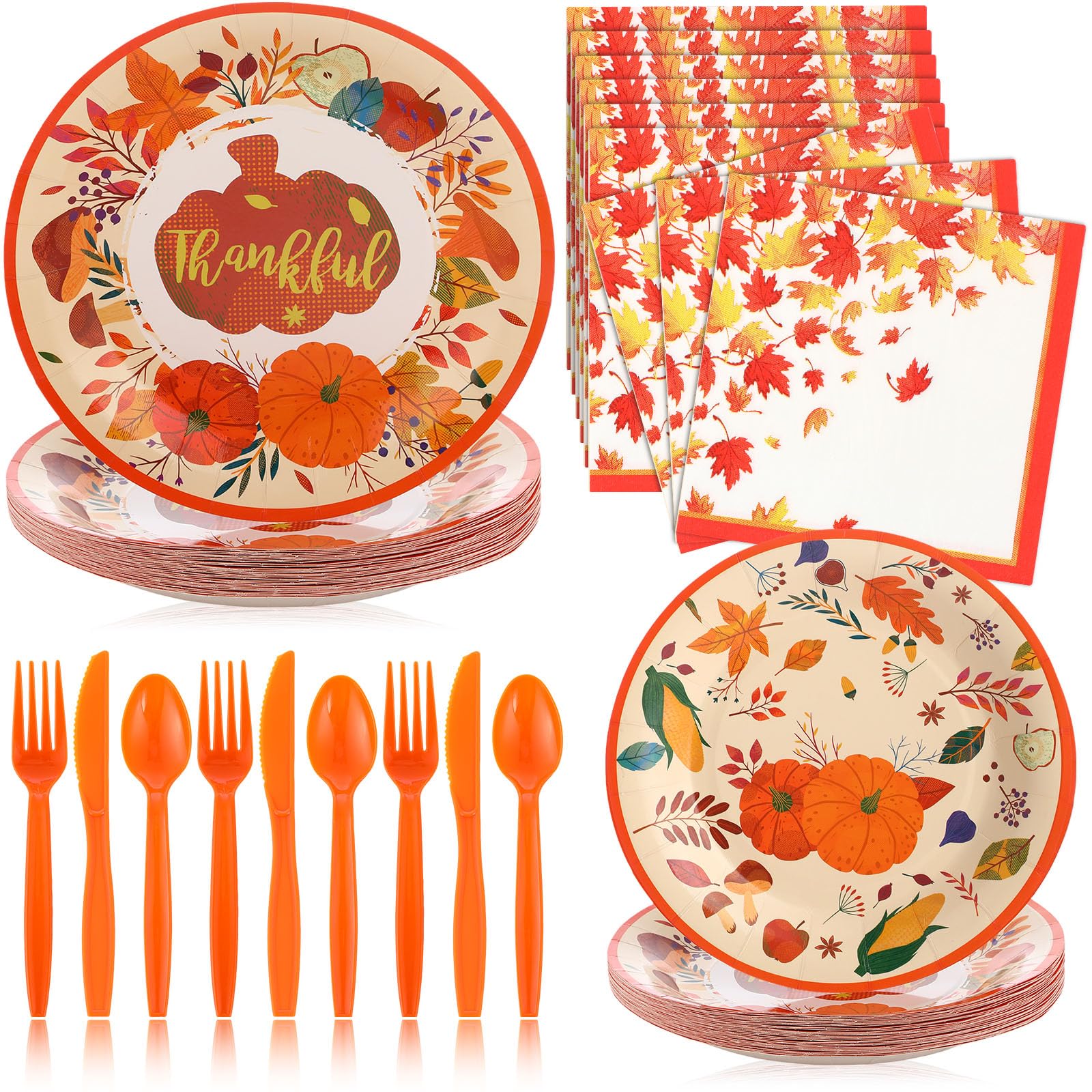 Sliner 180 Pcs Thanksgiving Paper Plates and Napkins Disposable Dinnerware Set for 30 Guests Paper Plates Napkins Plastic Forks Knives Spoon for Harvest Celebrations Fall Party Supplies (Maple Leaf)