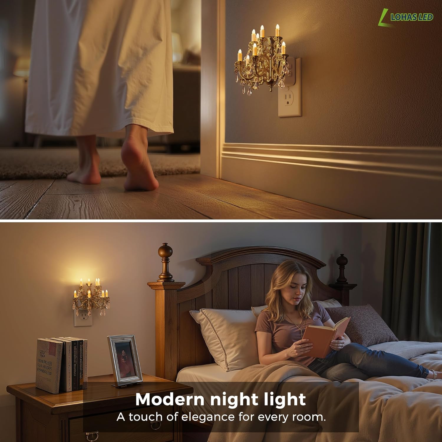 L LOHAS LED Night Lights Plug into Wall,Crystal Chandelier Candle Nightlight with Dusk to Dawn Sensor,Brightness Adjustable,3000K Soft White,Vintage Rotatable Night Lights for Home Decor,Bathroom