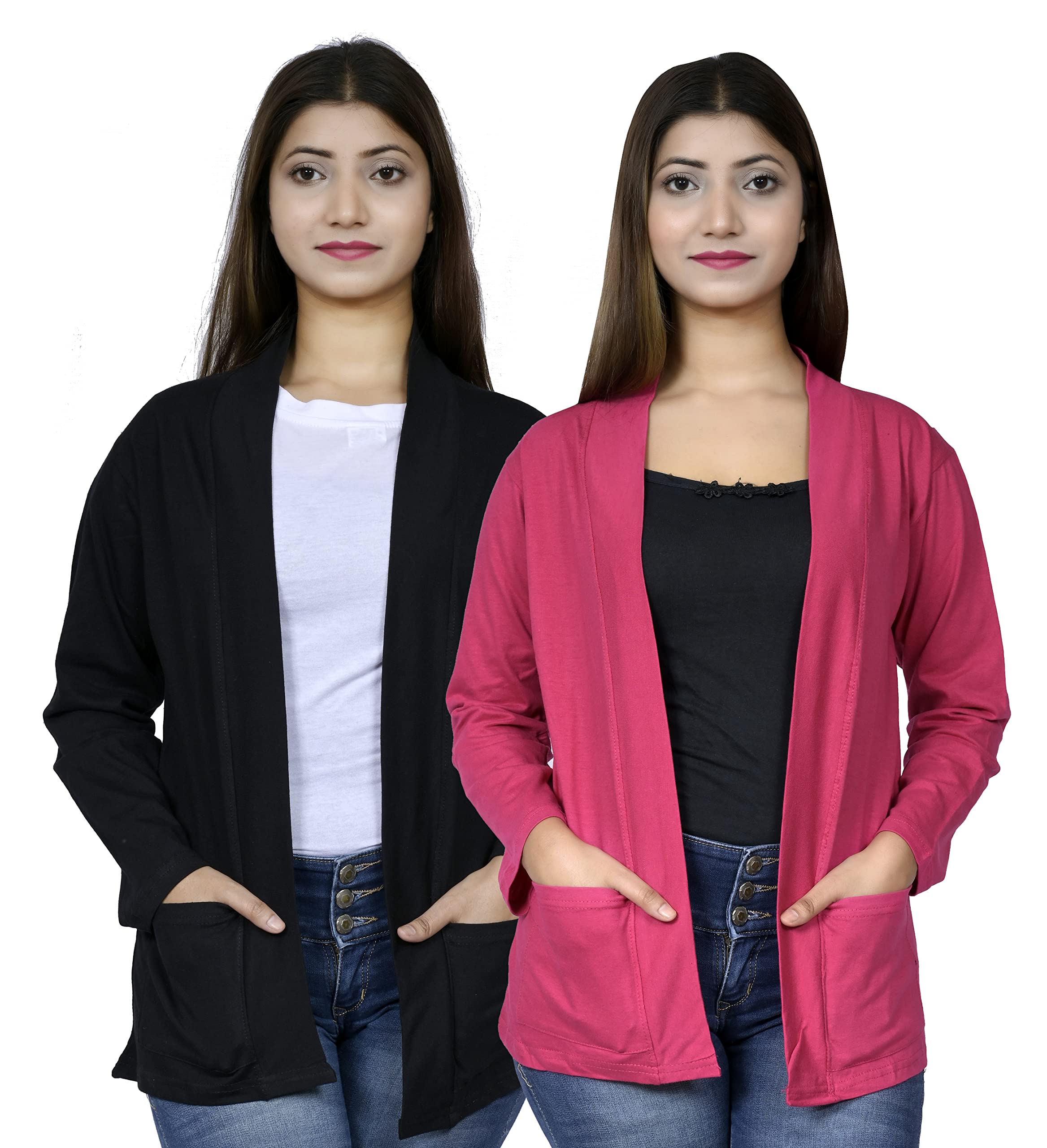 kg best collection Women Pocket Shrug Pack of Two(Black,Rani)-picture-0