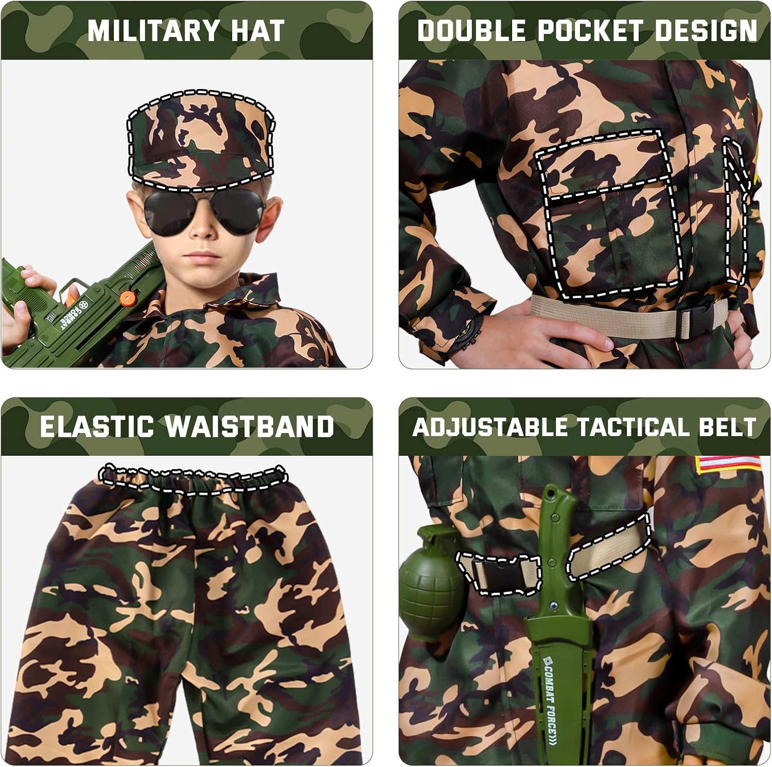 Army Costume for Boys, Halloween Costumes for Kids, Military Costumes with Accessories, Dress up with Equipment, Military Accessories Uniform, Gift Toys for Kids 3-12 (Medium) - Image 4