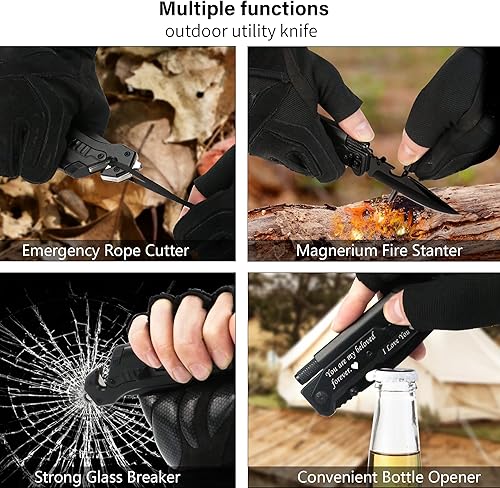 Miniatura 5 de Cuchillo plegable táctico 6 en 1  Navaja de bolsillo EDC con iniciador de fuego, luz LED y rompevidrios  Regalo para novio, esposo en cumpleaños