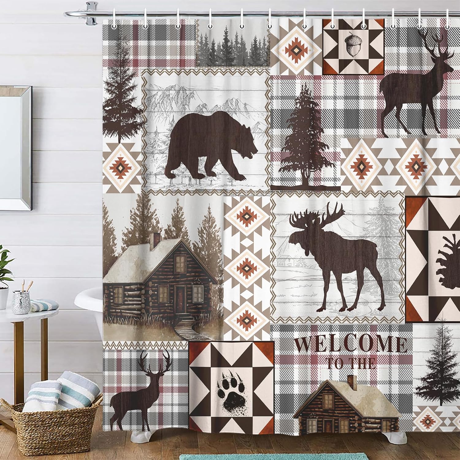 Rustic African Animal Shower Curtain for Bathroom - Funny Wild Elephant, Giraffe, Leopard Print - Country Cabin Tropical Forest Decorative Curtain with Hooks 70X75