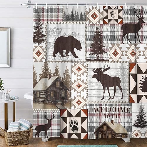 Miniatura 13 de Cortina de ducha rústica de cabaña para decoración de baño occidental bohemio, juego de cortinas de ducha retro de país azteca del suroeste nativo