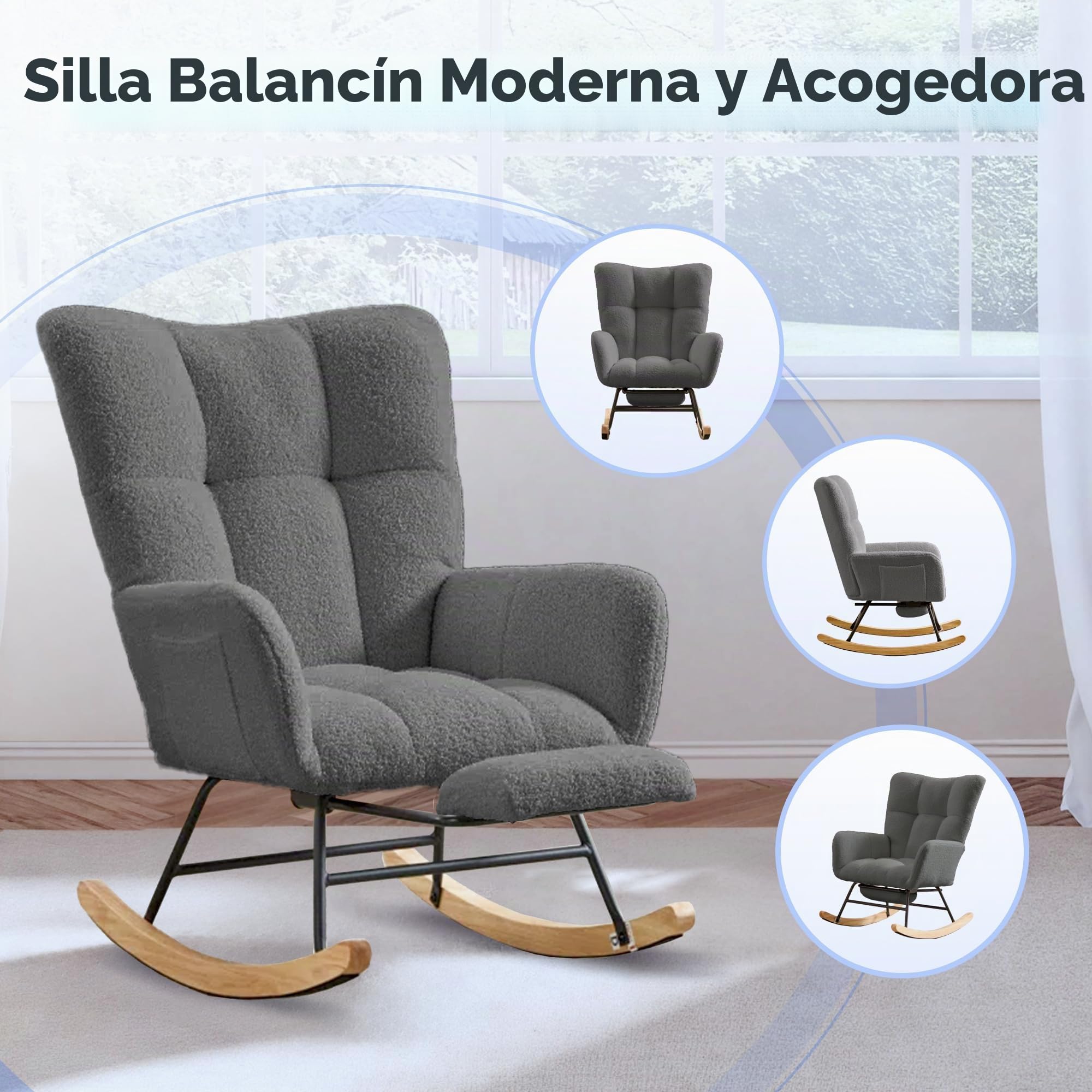 FLEXISPOT Silla Mecedora con Respaldo Alto y Reposapiés – Sillón Balancín Moderno con Patas de Madera, Sillón Acolchado para Salón y Dormitorio, Soporta hasta 120 kg, Gris