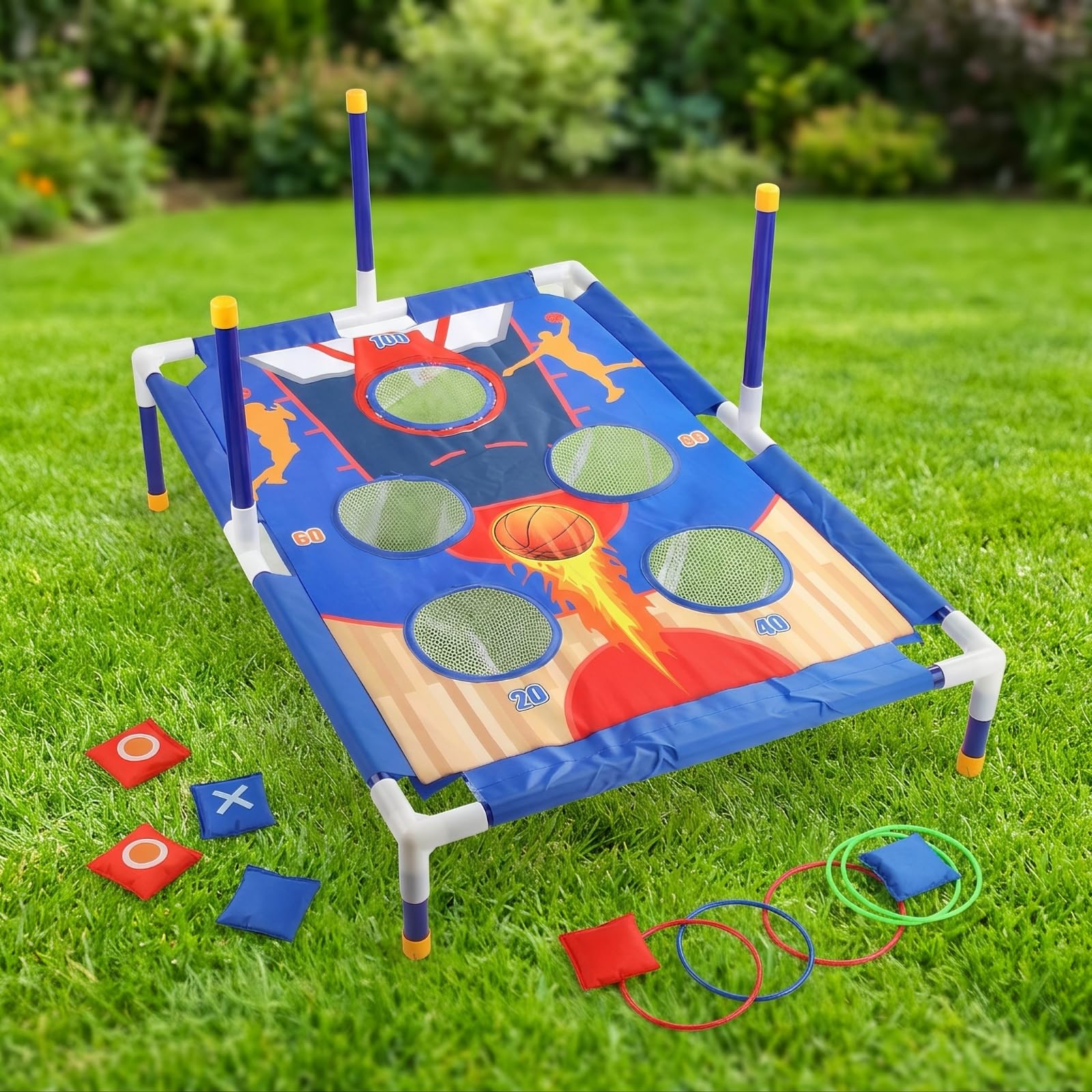 Gioco Lancio Anelli per Bambini con Tabellone Rialzato Set Sportivo con Fori Punteggio Anelli Piccoli Più Tre Grandi Telaio con Gambe Coordinazione