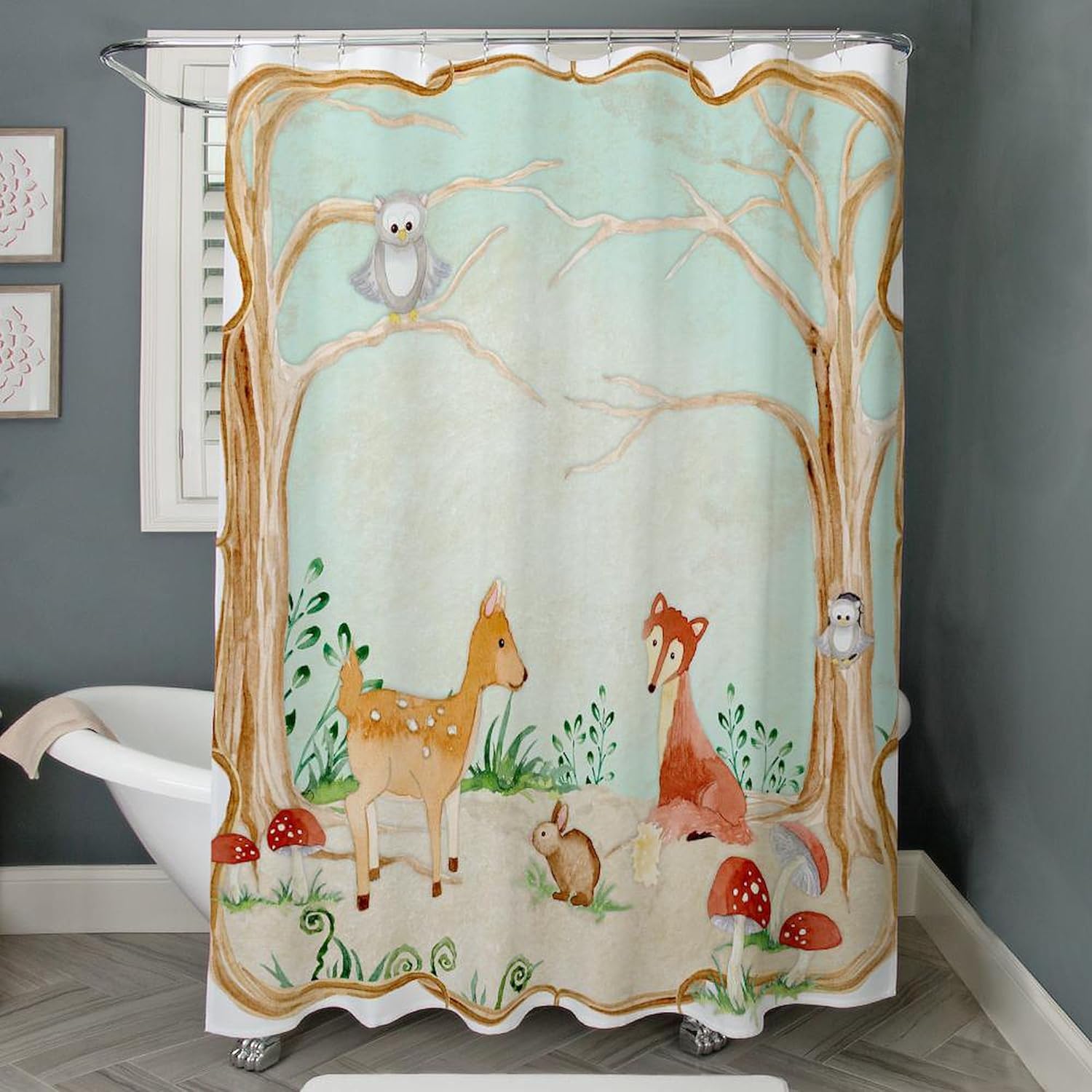 CafePress Woodland Creatures Animals Deer Fox Rabbit Owl Art Decorative Fabric Shower Curtain