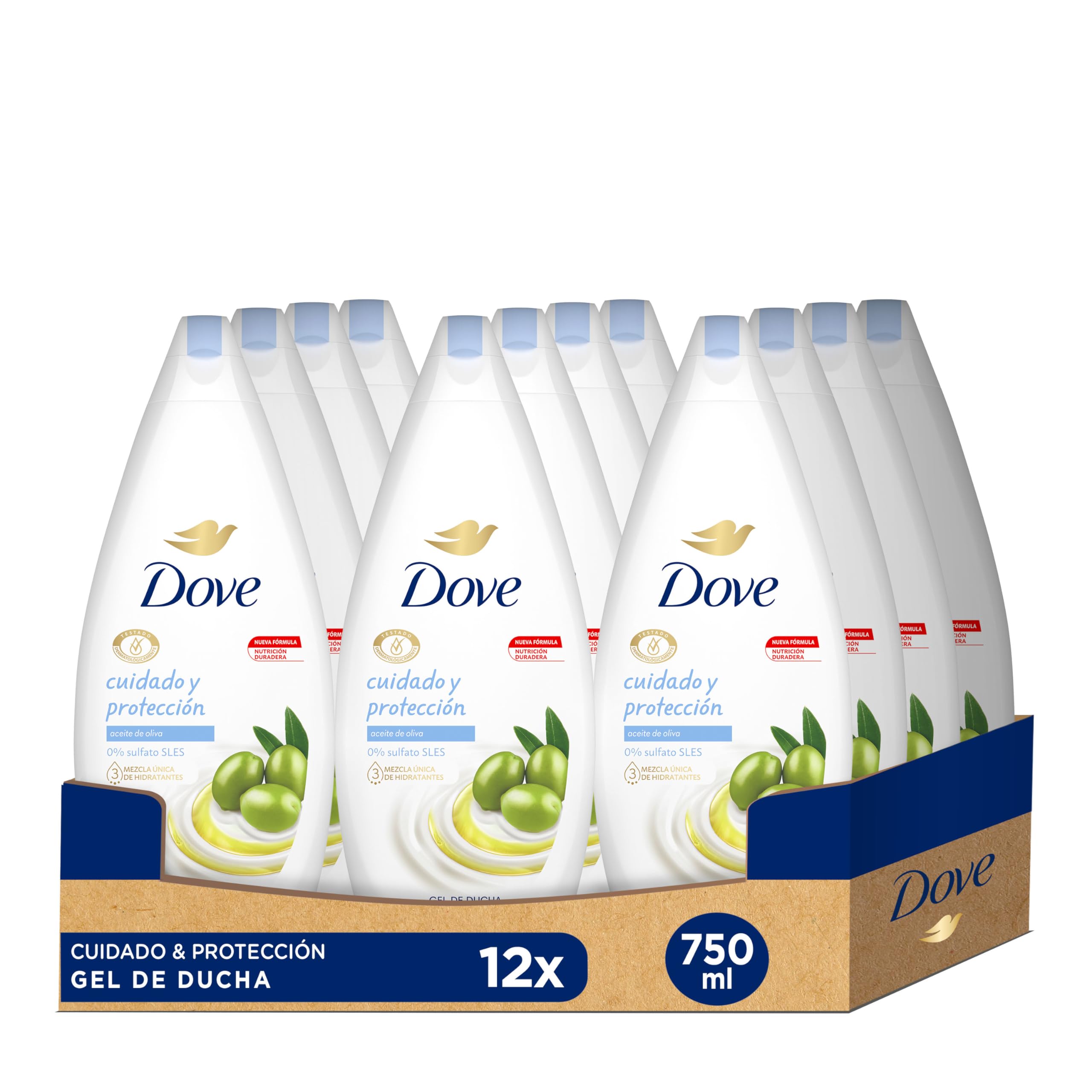 Dove Gel de Ducha con Aceite de Oliva para Piel Seca Sin Sulfato SLES y Con Hidratantes Vegetales e Ingredientes de Origen Natural, Pack de 12 x 750 ml