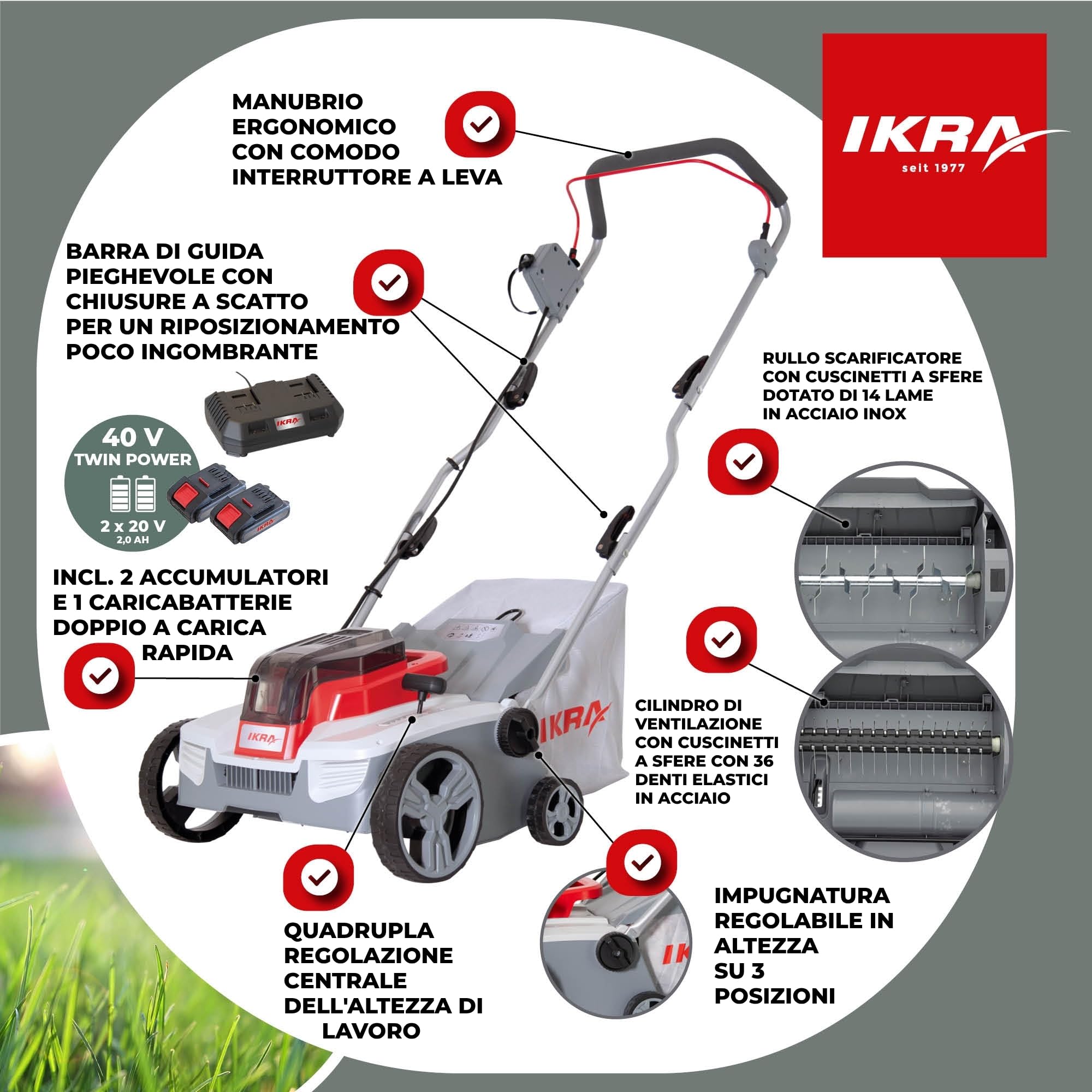 IKRA scarificatore arieggiatore a batteria 3in1 IAVL 2-2032, larghezza 32cm | Inclusi 2 batterie 20V 2,0Ah e caricatore rapido, cesto 30 l, +3/-9 mm, cambio rullo senza attrezzi, IKRA 20V
