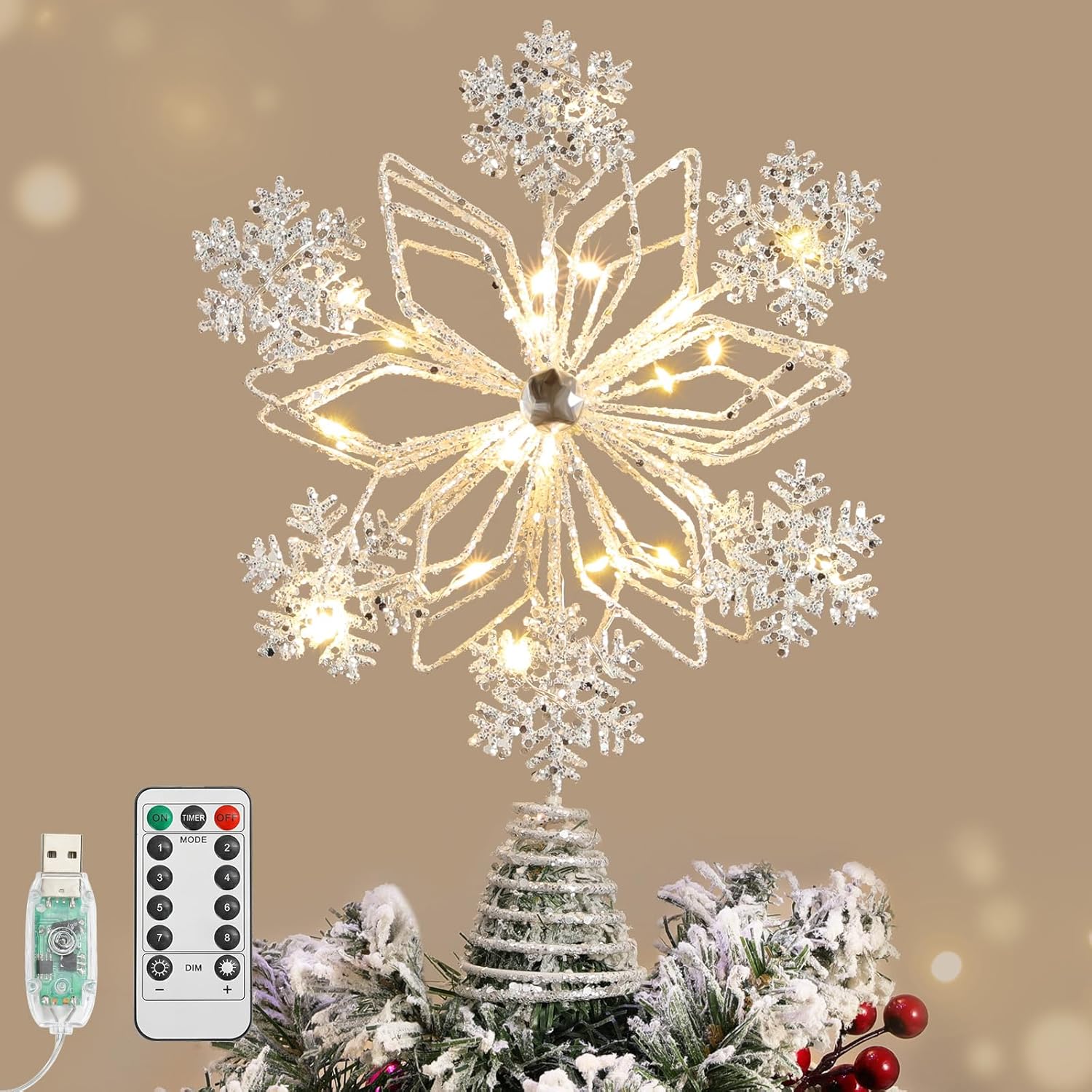 Lewondr Christmas Snowflake Tree Topper, 8.66'' Glittered Xmas Tree Topper with 20 LED Bulbs, 6 Hrs Timer and 8 Modes USB Remote Control, Christmas Treetop Decor for Home Holiday, White
