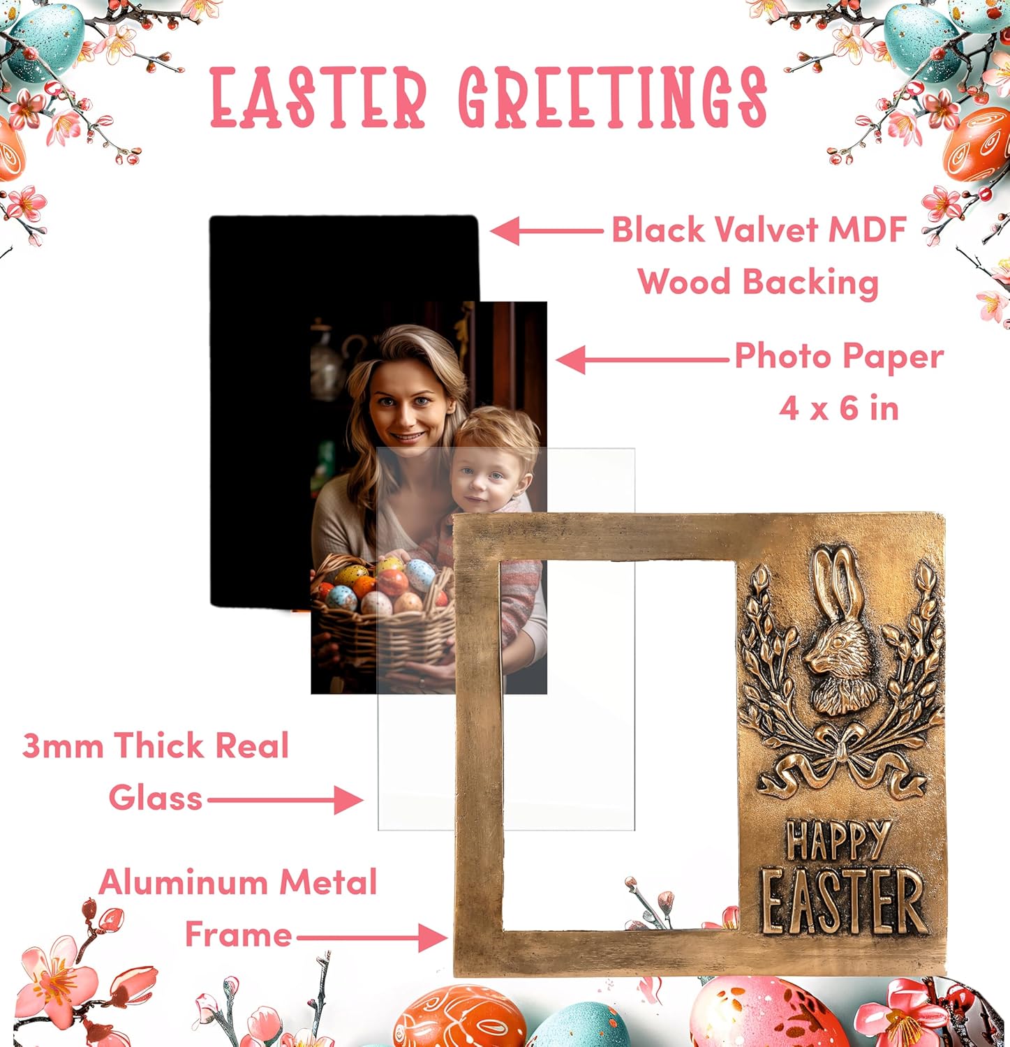 AHC HOME & LIVING Easter Picture Frame 4x6 – Antique Gold Metal Frame for Tabletop & Wall Display – Happy Easter Photo Frame Gift