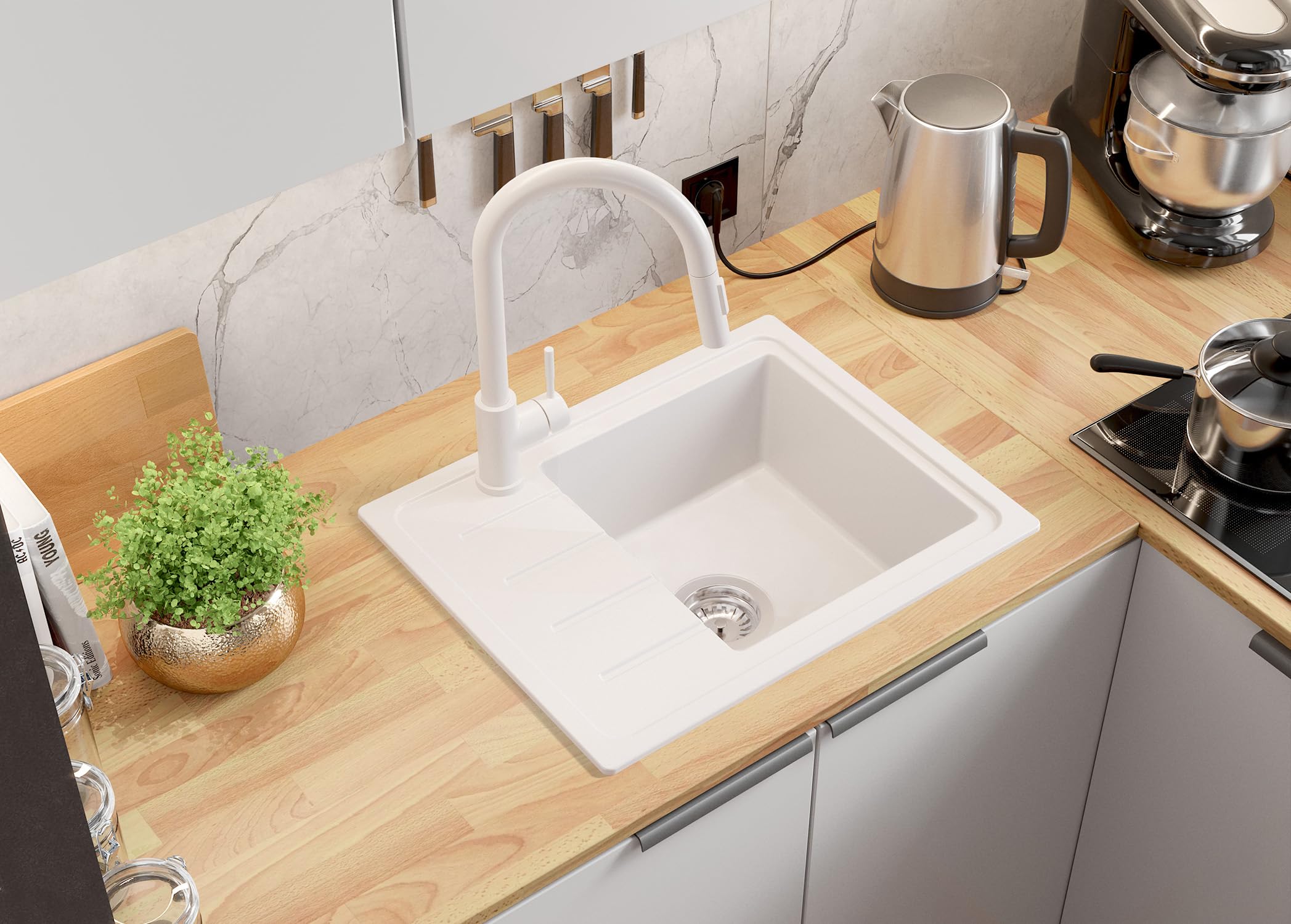 PRIMAGRAN Evier Cuisine en Granit Tout Blanc 55x44cm, Lavabo 1 bac + Kit de Vidage, Évier à Encastrer au Meuble 45cm - Copenhague Easy S008