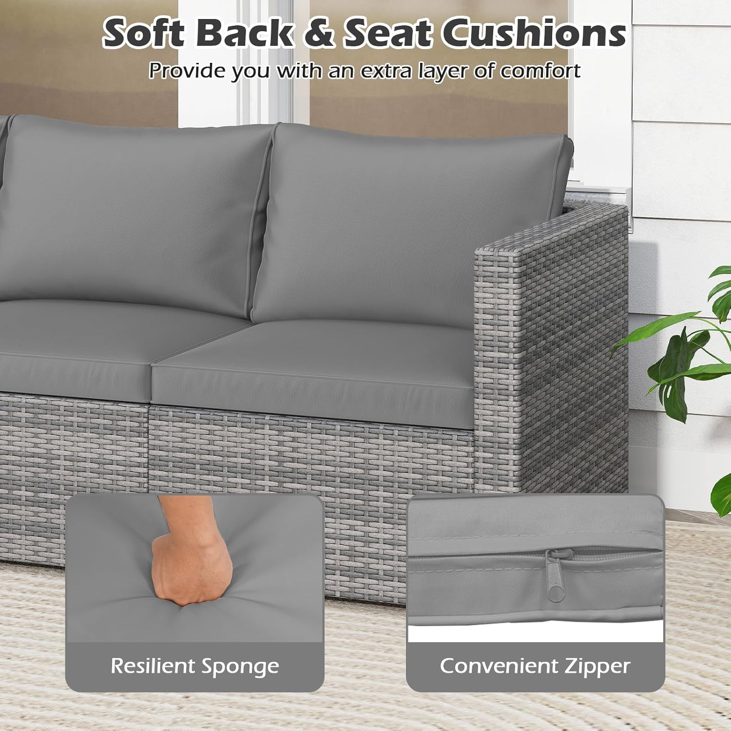 Tangkula 3 Seat Outdoor Wicker Sofa Set, Modular PE Rattan Patio Cushioned Sectional Couch Set, Outside Furniture Set for Deck, Backyard, Porch, Garden & Poolside (Grey)