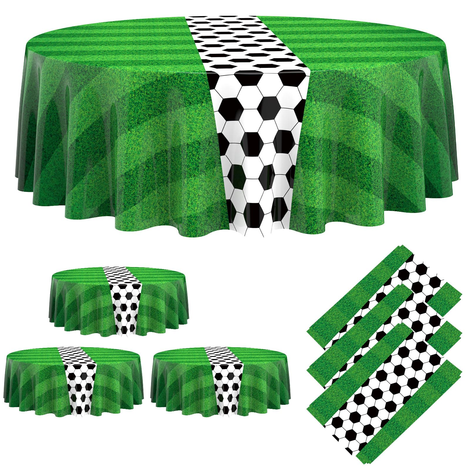 Oudain 3 Pcs Soccer Party Tablecloth 84 Inches Soccer Round Table Cloth Disposable Plastic Table Covers for Decors Birthday Party Supplies Favors