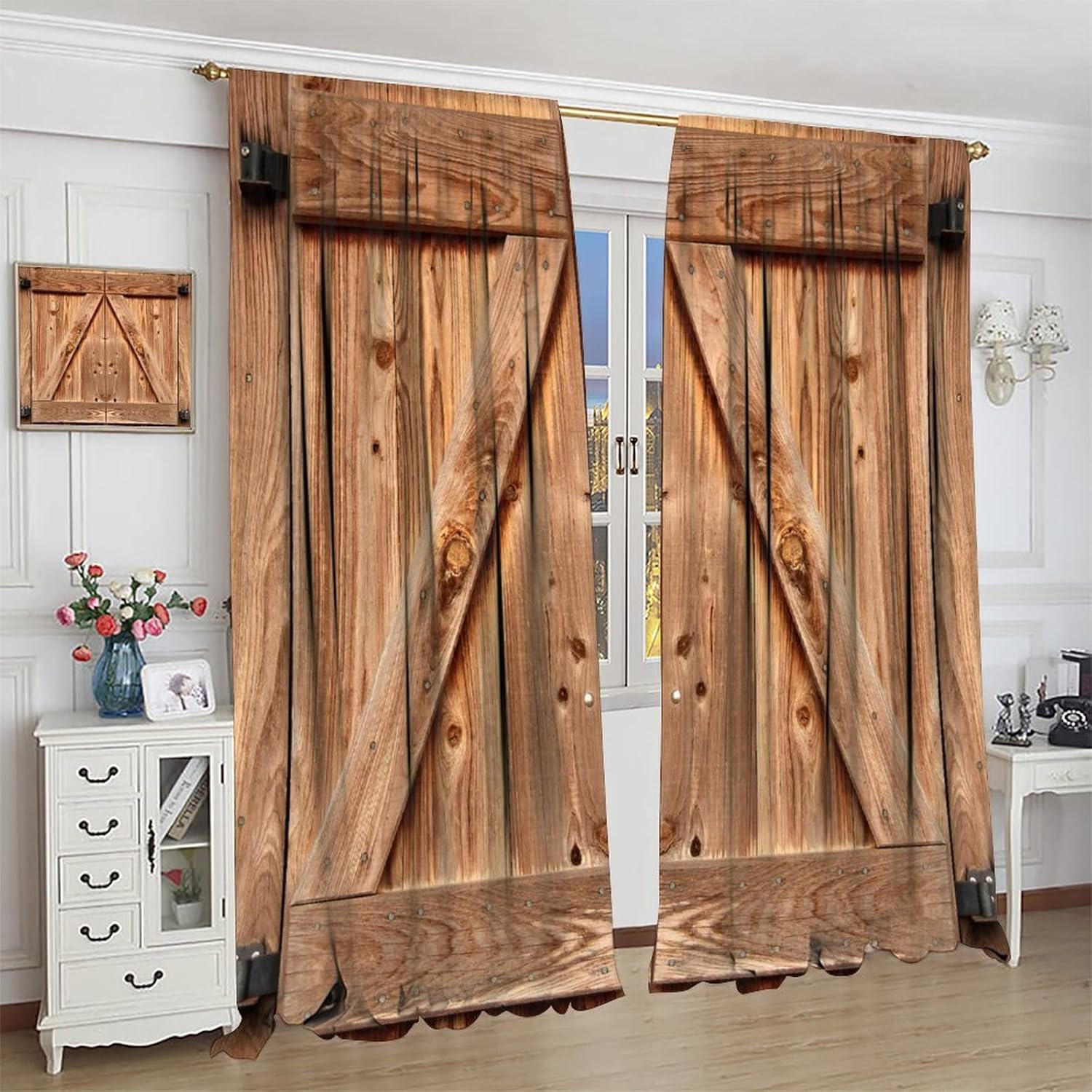 Rustic Wooden Barn Door Blackout Wooden Curtains, Wooden Brown Farmhouse Art Printed Curtains, for Living Room Decor 42x45in 2 Panels