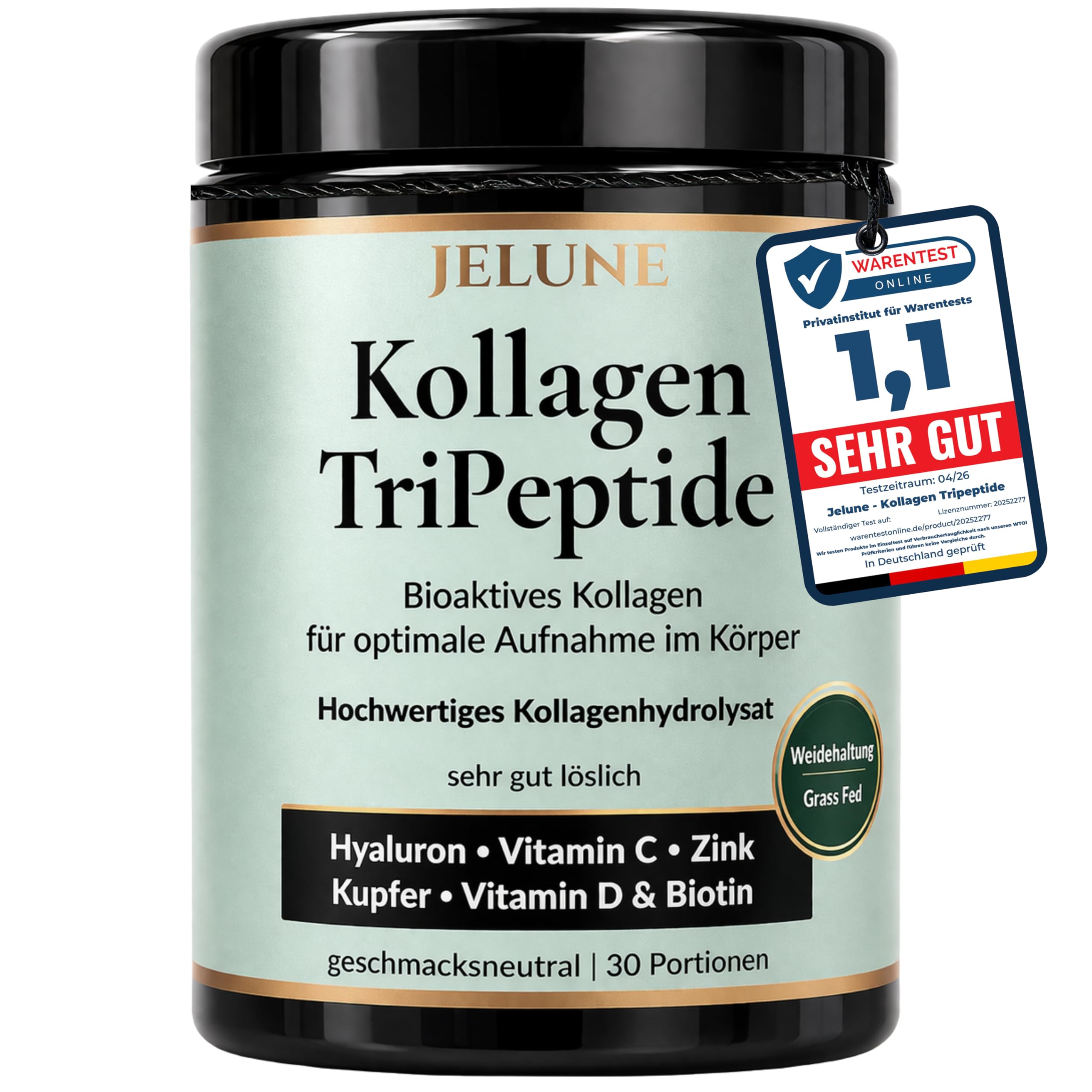 Bioaktive Premium Tripeptide 500 Dalton Kollagen Pulver - Ultra-fein für hohe Aufnahme im Körper - Collagen Peptides Grass Fed - Mit Hyaluron Vitamin C Zink Kupfer Biotin & D3, 30 Portionen
