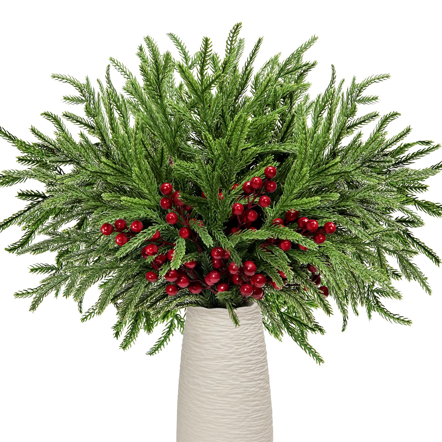Norfolk Tannenzweige, rote Beerenstiele, 43,2 cm, künstliche Weihnachtsgrünspieße, künstliche Tannennadeln mit Stechpalmenbeeren für Weihnachtsbaumfüller, Dekorationen, Festival, Urlaub, Vase,