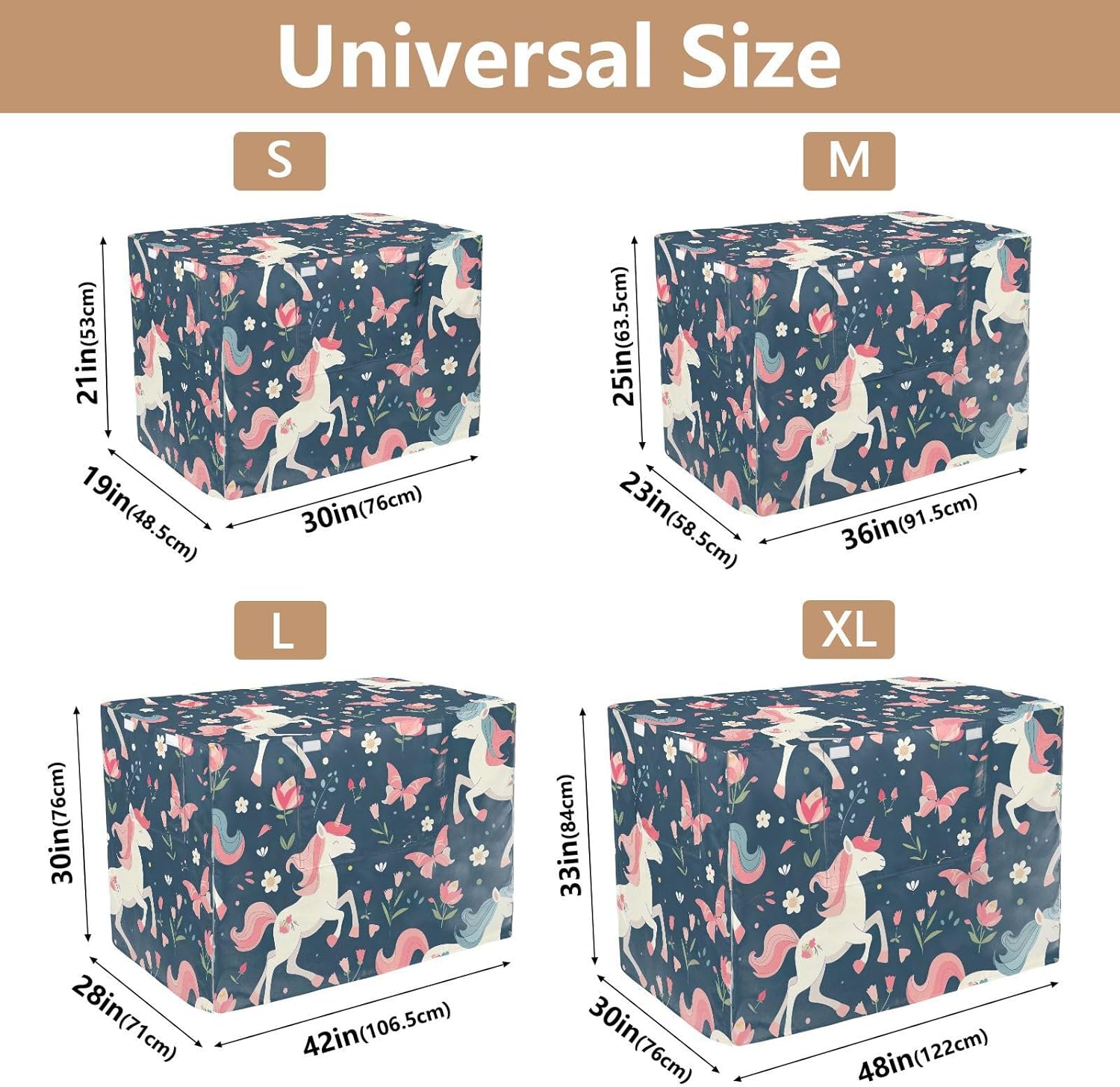 Unicorns Flowers Dog Crate Cover S-XL UV-Resistant Pet Crate Cover with Roll-up Sides, Reduces Barking, X-Large