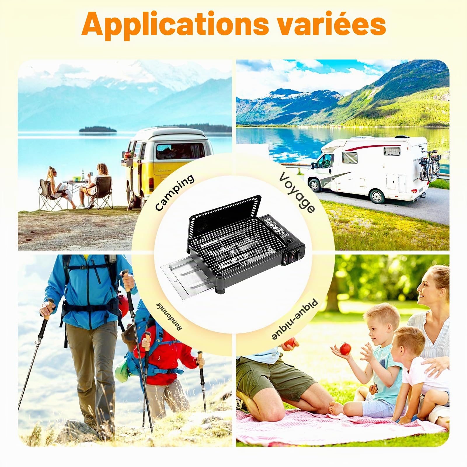 2 en 1 réchaud de camping portable et petit barbecue à gaz, barbecue-cuisinière, gril portable, réchaud à gaz de camping, barbecue au butane, adapté pour le camping, l'extérieur et l'intérieur