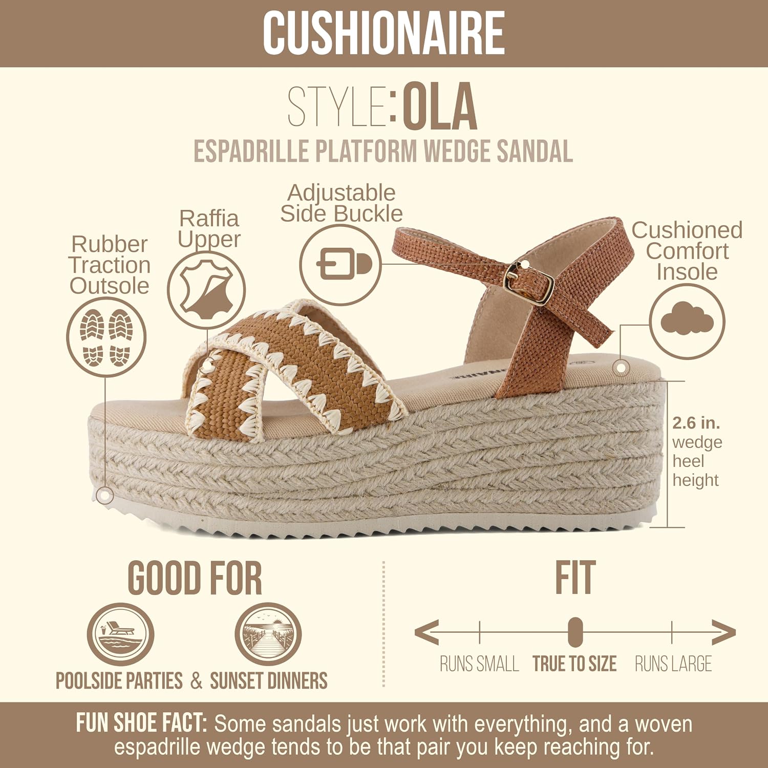 CUSHIONAIRE Ola Raffia Espadrille Platform Sandals for Women Casual Open Toe Adjustable Ankle Strap Womens Sandals