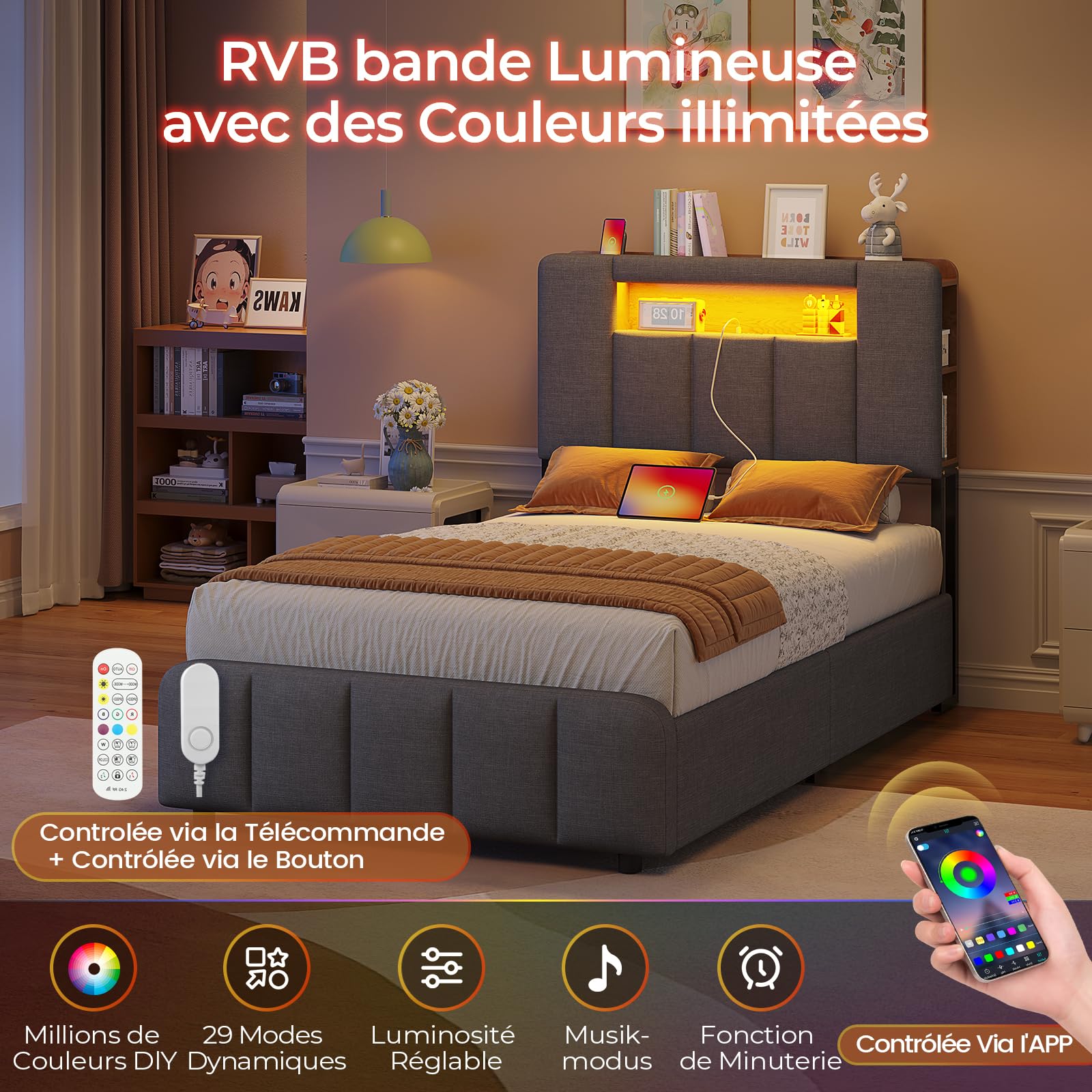 AOGLLATI Lit 90x200 à LED avec Multiprise et 2 Grands Tiroirs, Cadre de Lit avec Sommier à Latte et Tête de Lit Capitonnée Sommier avec Rangement, Moderne sans Matelas-Lin Gris