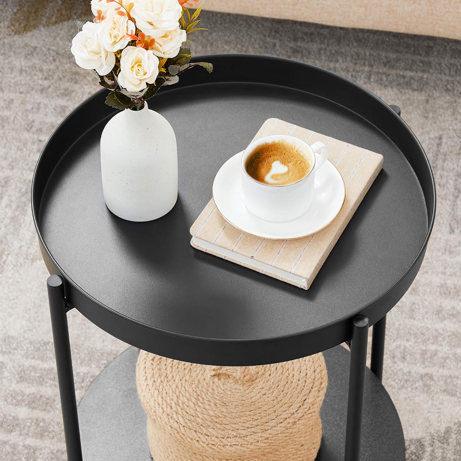 VASAGLE End Table, Side Table 2-Tier, Sofa Table with Movable Tray, Coffee Table, Steel Frame, Modern Style, for Living Room, Bedroom, Black ULET221B16