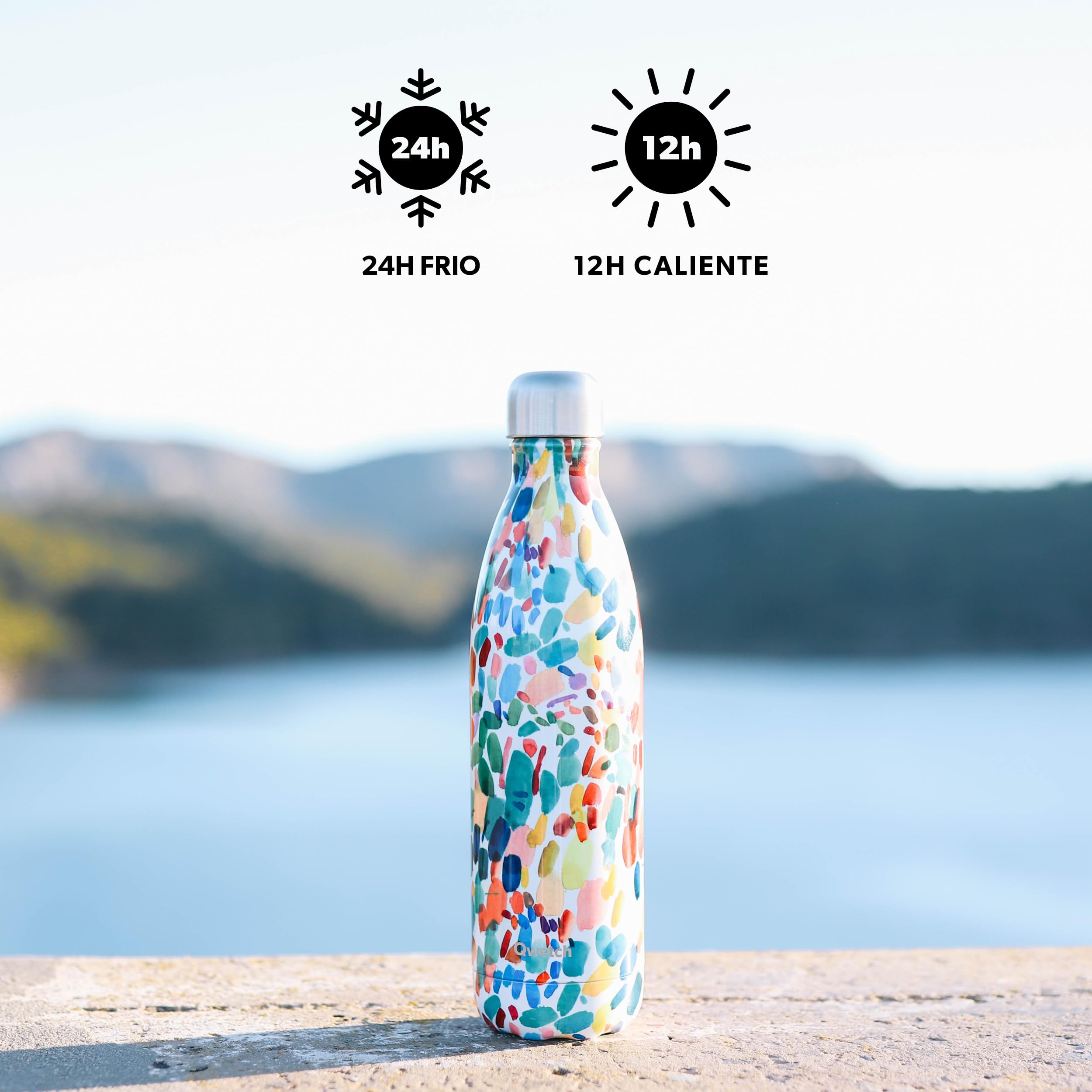 Qwetch – Botella isotérmica original Hanami azul 750 ml – 24 h fría y 12 h caliente, impermeable, sin BPA y reutilizable, botella de acero inoxidable isotérmica para deporte, viajes, oficina,