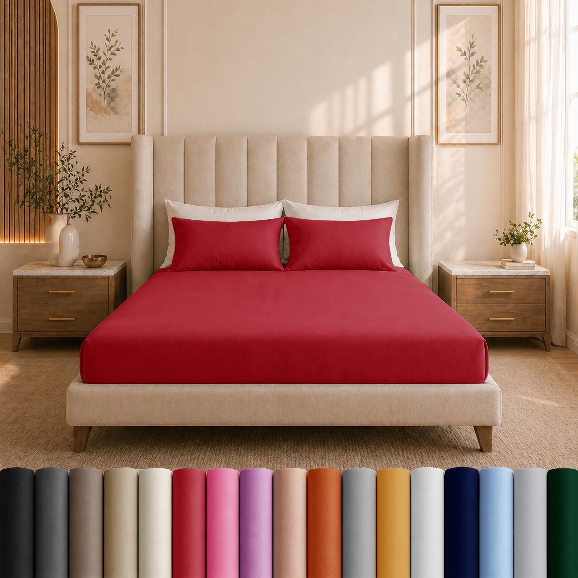 Moonlight Bedding King Size Fitted Sheets - 25cm Deep King Red Fitted Bed Sheets - Soft Brushed Fabric Shrinkage, Wrinkle free And Fade Resistant Easy Care Bed Sheet (152 x 200 Cm)