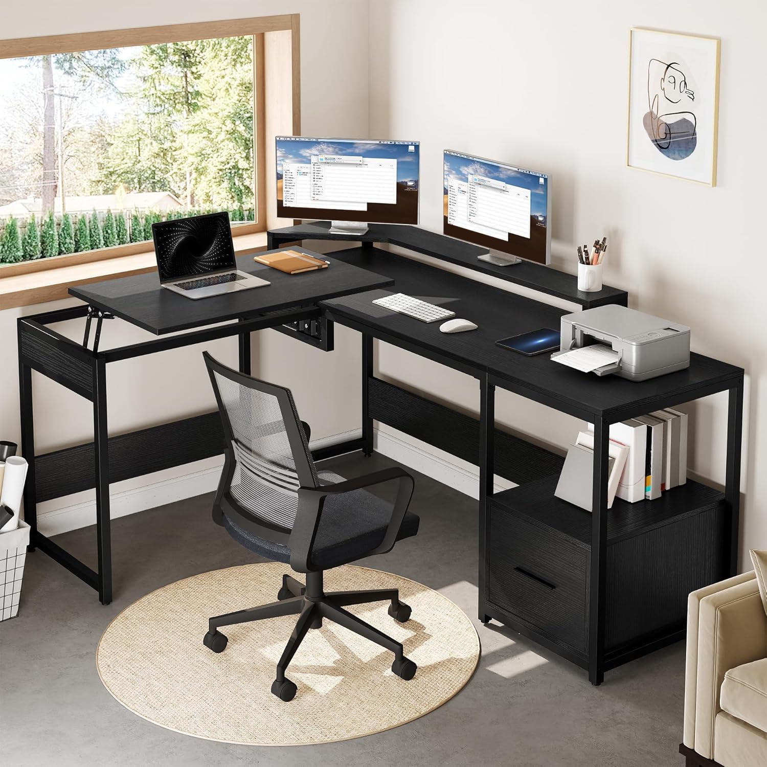 YITAHOME L Shaped Desk with Lift Top, 65" Adjustable Standing Desk with File Drawer, Corner Computer Desks with Storage Shelves, Black
