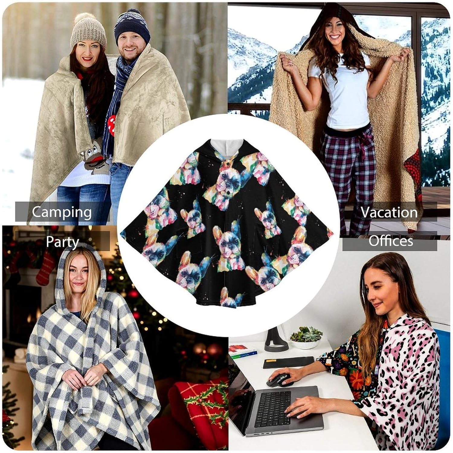 Watercolor French Bulldog Wearable Blanket with Hooded Flannel Blankets Cape with Pocket