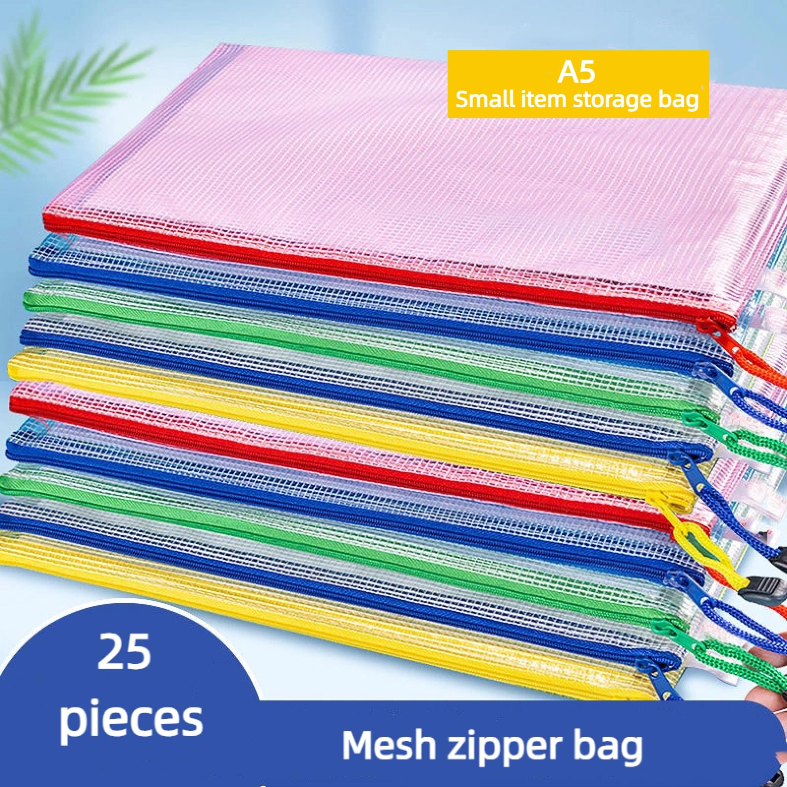 Bolsa de documentos de malla con cremallera de 25 piezas, bolsa de plástico para documentos, tamaño A5, bolsa de almacenamiento para suministros de oficina escolar, almacenamiento de
