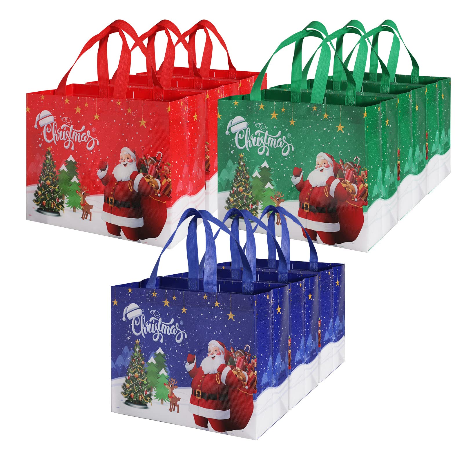 M-sorflly Christmas Gift Bags 9pcs, Reusable Xmas Tote Bags with Handle for Presents, Gifts, Shopping, Party Supplies, Medium Size Wrap Gift Bags Christmas | 3 Colors & Patterns