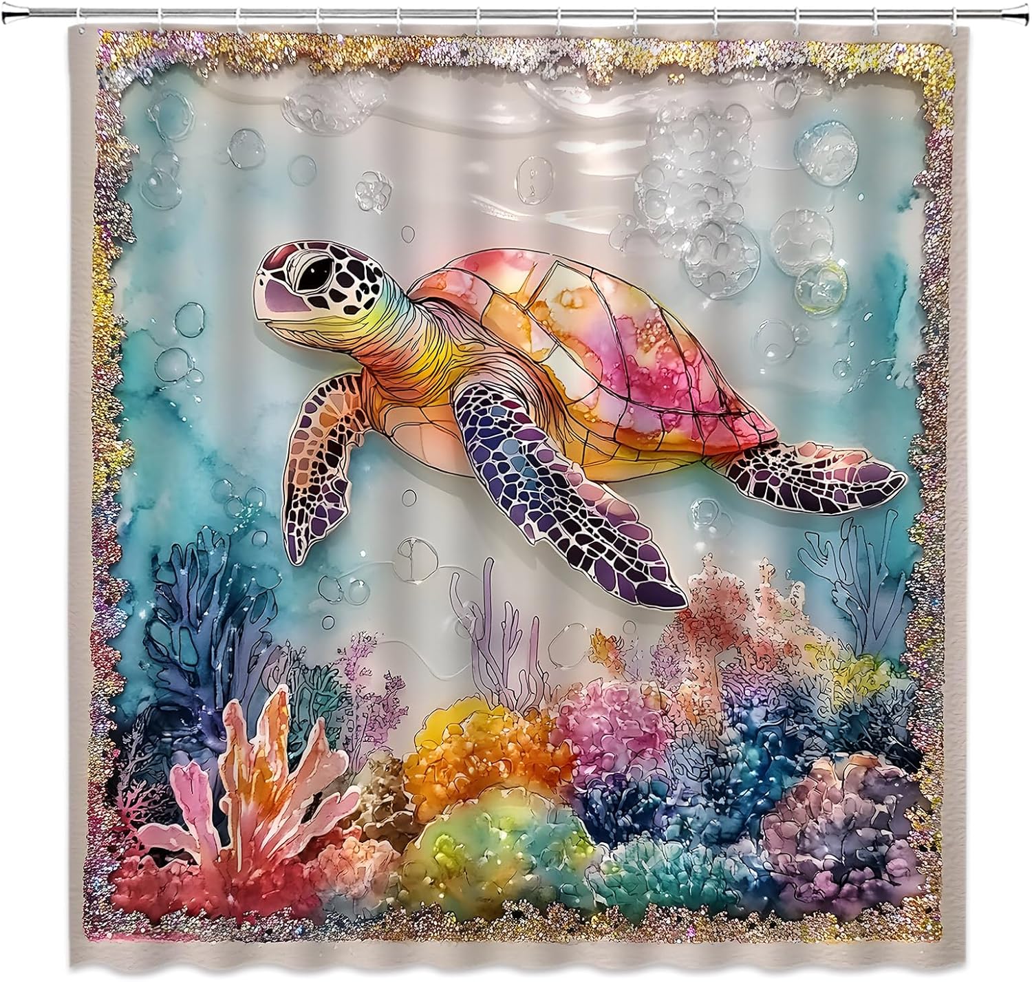 Pink Sea Turtle Shower Curtain Stained Glass Sea Turtle Watercolor Ocean Animal Colorful Underwater Beach Nautical Fabric Bathroom Decor Set with Hooks(70" Wx96 H)