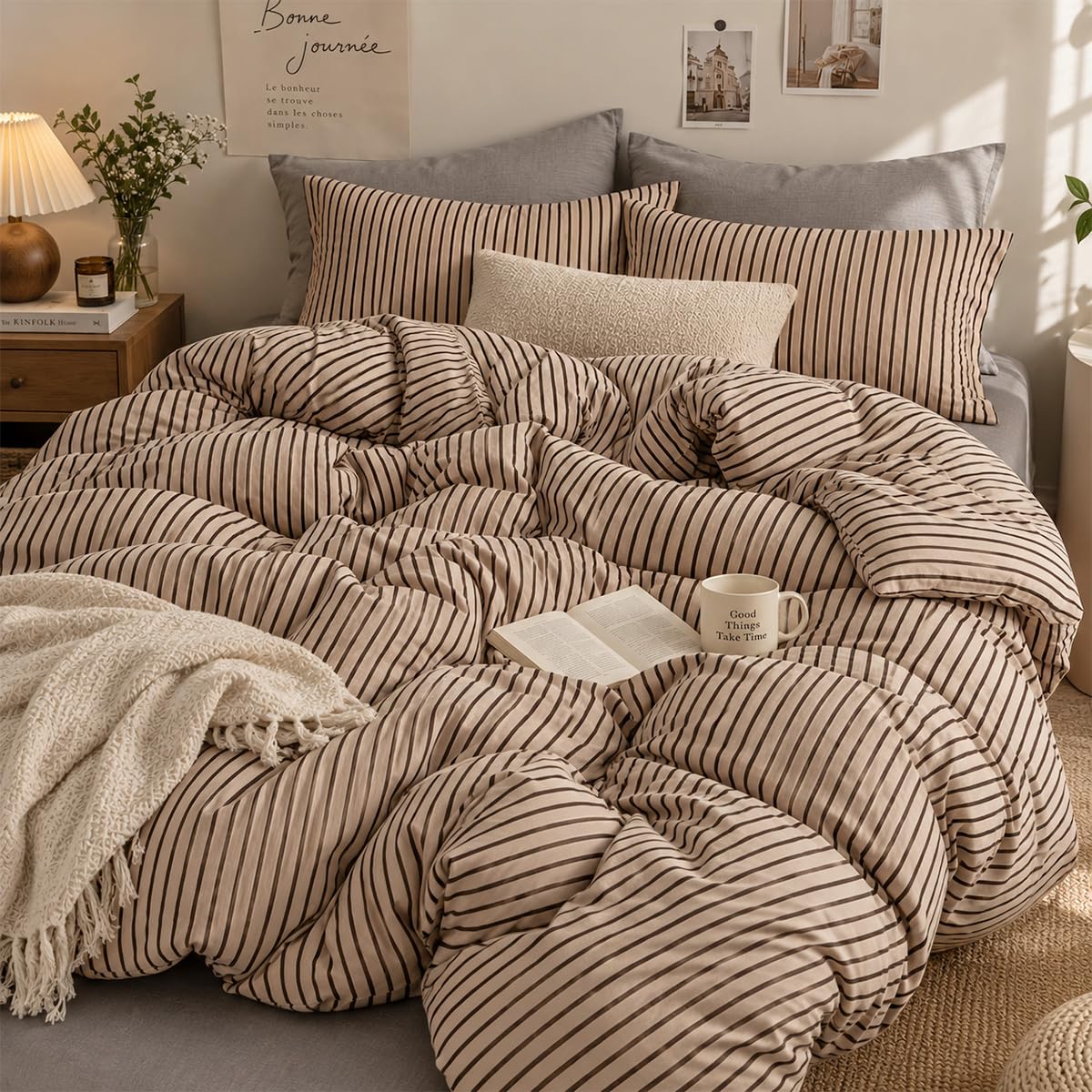 Lanqinglv Single Duvet Cover Sets Vintage Striped Beige Bedding Set