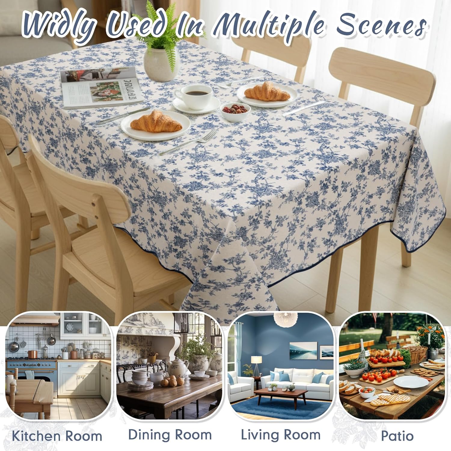 Newwiee Cotton Linen Vintage Rectangle Tablecloth Scalloped Edge Pastoral Table Cover Farmhouse Washable Blue Floral Tablecloth for Picnic Indoor Outdoor Tabletop Decor(60×120inch)