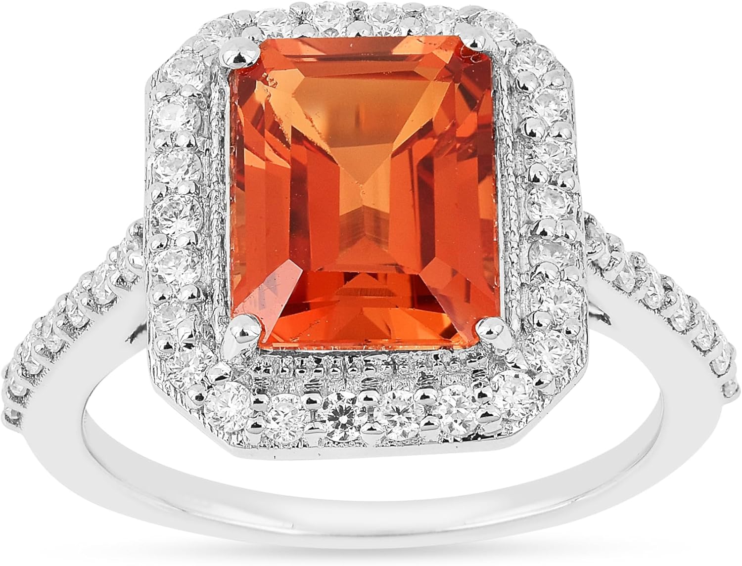 Fine Color Jewels Peach Padparadscha Sapphire Octagon Ring For Women - Lab Grown Peach Sapphire Halo Sterling Silver Emerald Cut Pave Engagement Ring For Her