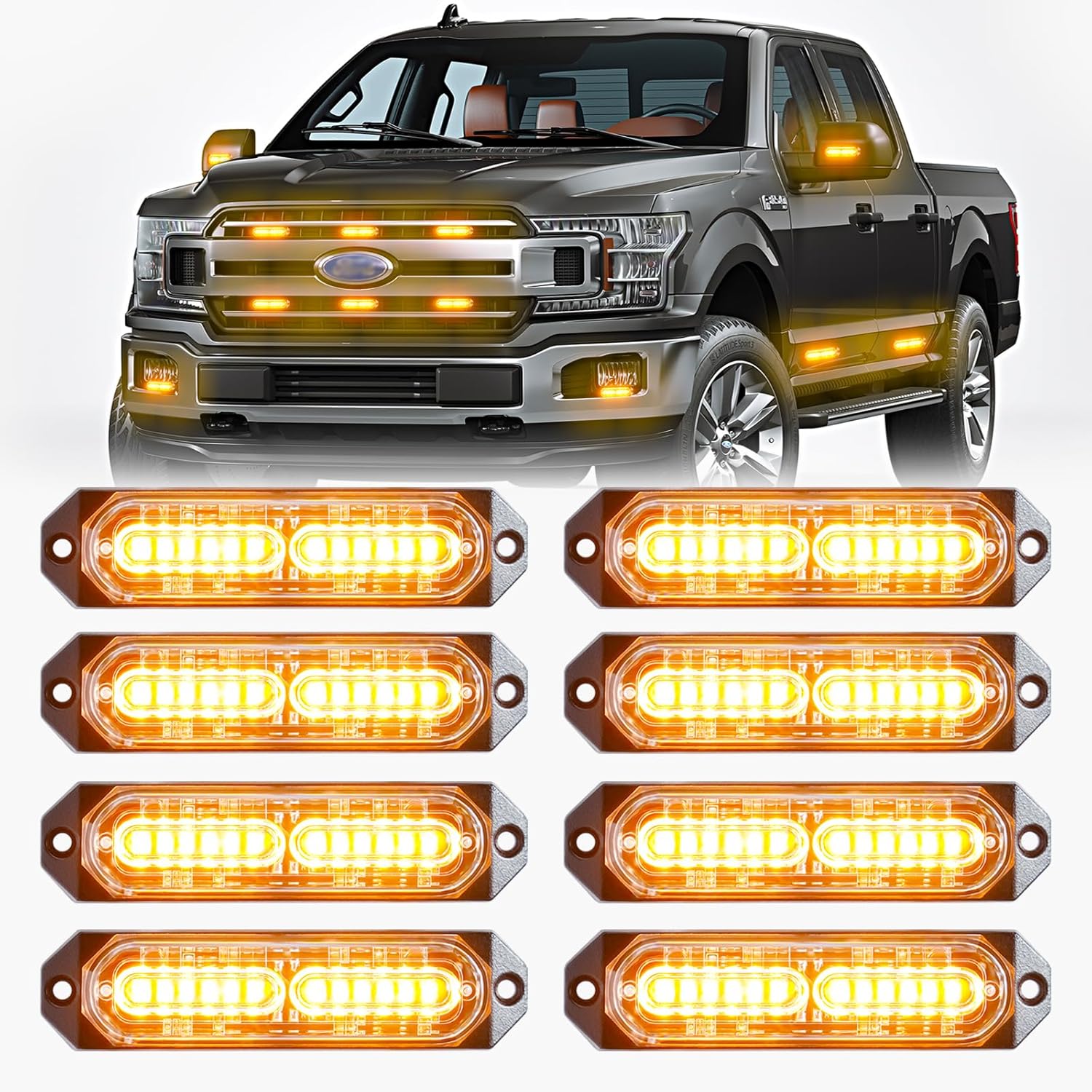 BooYu Amber LED Surface Mount Emergency Strobe Flashing Lights for Trucks Vehicles Car, Ultra Slim Sync Feature Hazard Warning Beacon Grille Light Bar for Firefighter/Construction/Police (8 Pcs)