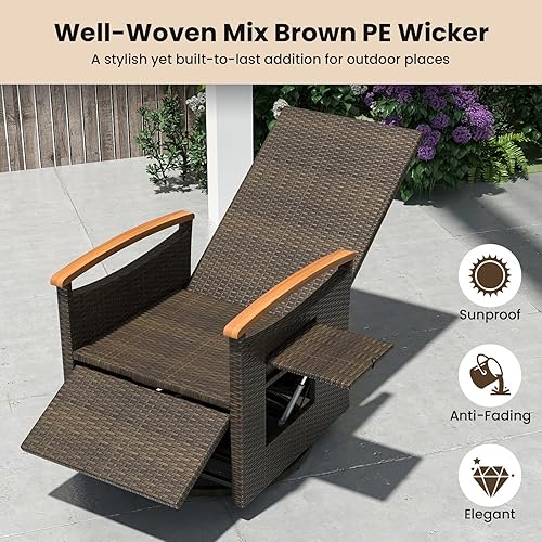 Miniatura 7 de Tangkula Silla reclinable giratoria de ratán de 360 grados, silla de mimbre con respaldo ajustable y reposapiés, asiento reclinable acolchado con