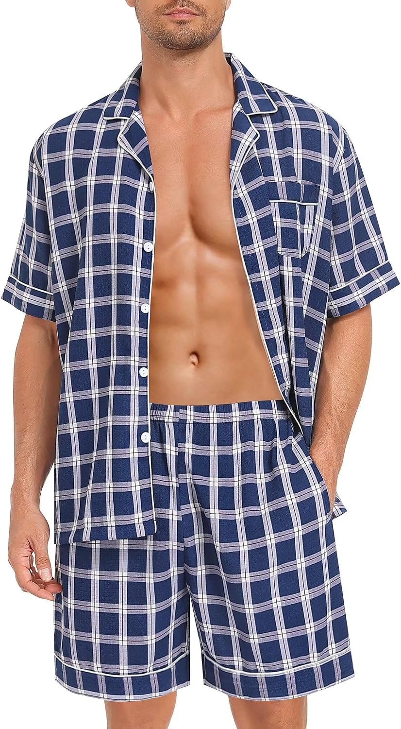 SWOMOG Men Pajama Set Short Sleeve Summer Pjs Button Down Sleepwear Soft Pajama Shorts 2 Piece Loungewear with Pockets