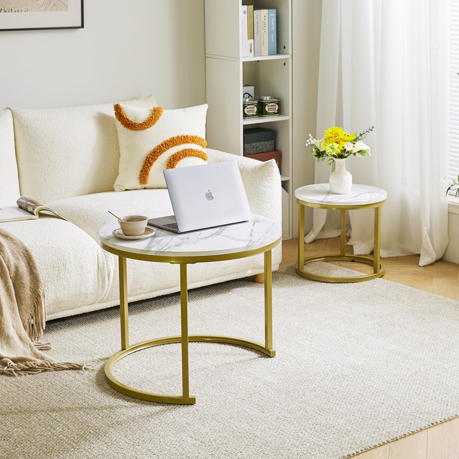 IBUYKE Lot de 2 Tables Basses gigognes, Rondes Table d'appoint, Tables gigognes, pour Salon, Salle à Manger, Chambre, Balcon, Blanc et doré TMJ062G