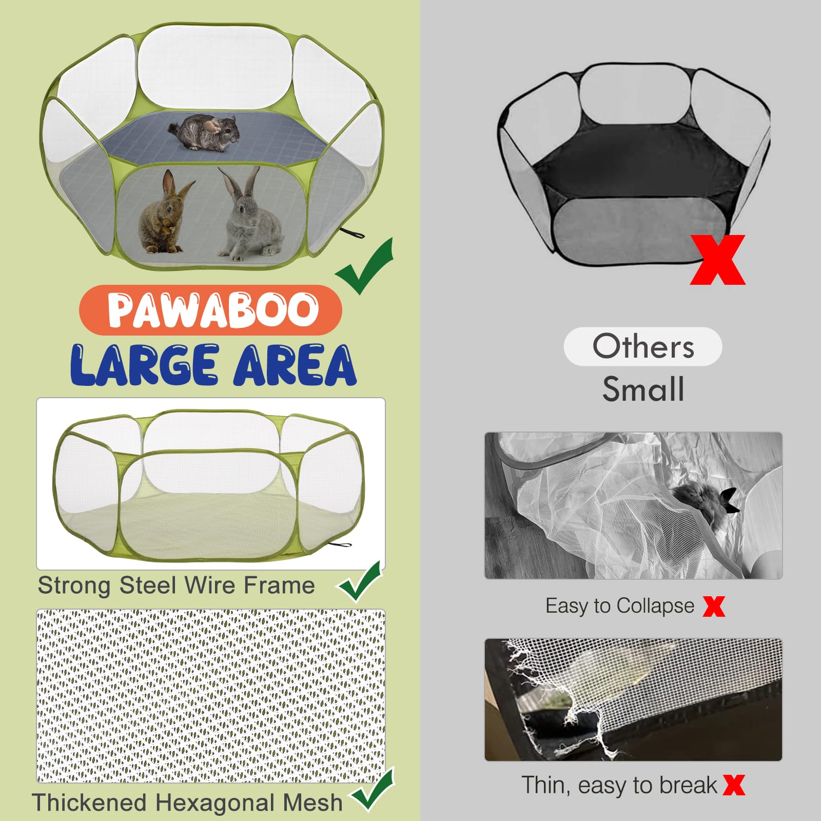 Pawaboo Kleintier-Laufstall mit Kissen, Wasserdichtes Kleintierkäfig-Zelt mit Wiederverwendbarem Kissen, Tragbarer Gartenzaun für Küken/Kätzchen/Welpen/Riesenschwein/Kaninchen/Chinchillas, Grün + Grau