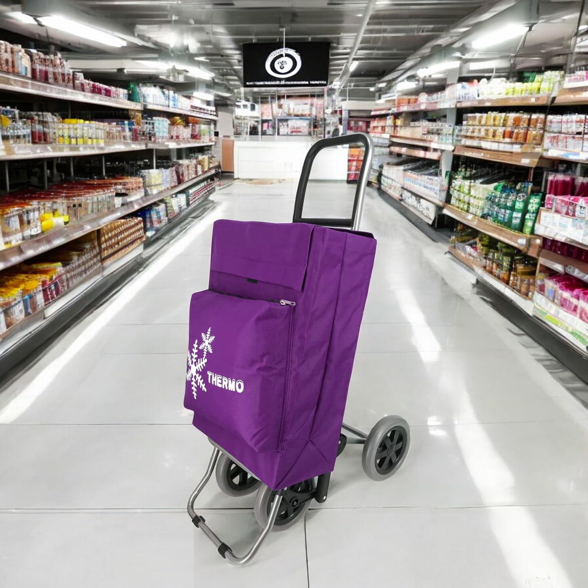 Carro de la Compra Plegable con Bolsa Térmica 4 Ruedas para Subir Escaleras, Carrito del Mercado, Bolsa Impermeable isotérmica de 44L litros. (Morado)