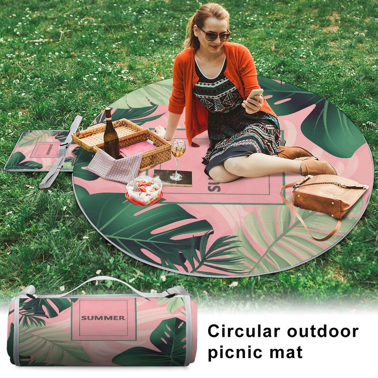 Coperta da picnic con motivo estivo, rotonda, pieghevole, leggera, coperta da spiaggia impermeabile, coperta per esterni per primavera, estate, campeggio, parco, erba da viaggio