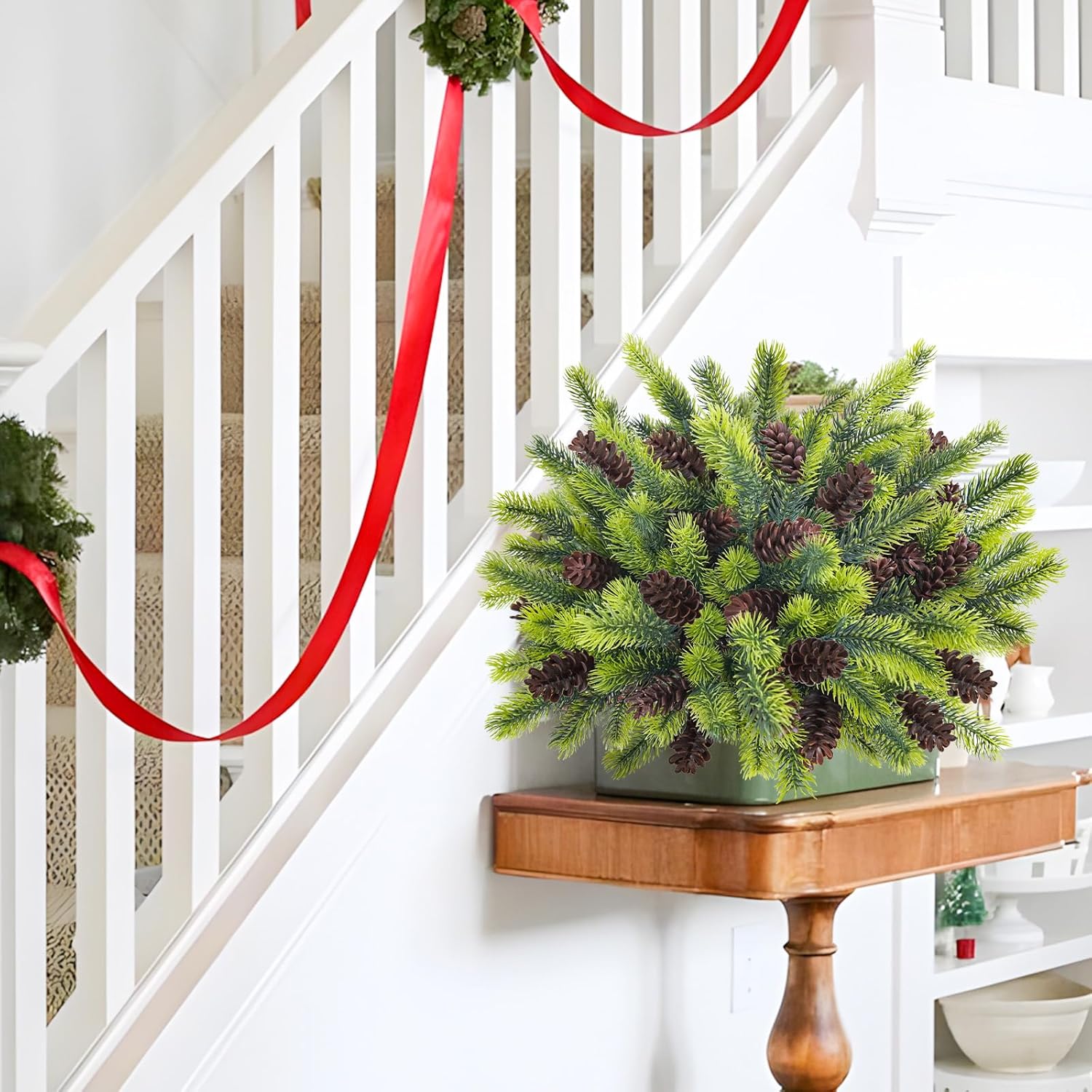 24 Pcs Artificial Pine Branches 14’’ Faux Pine Needles Stems with Pine Cones Fake Chrismtas Greenery Pine Picks for DIY Garland Wreath Home Garden Decoration