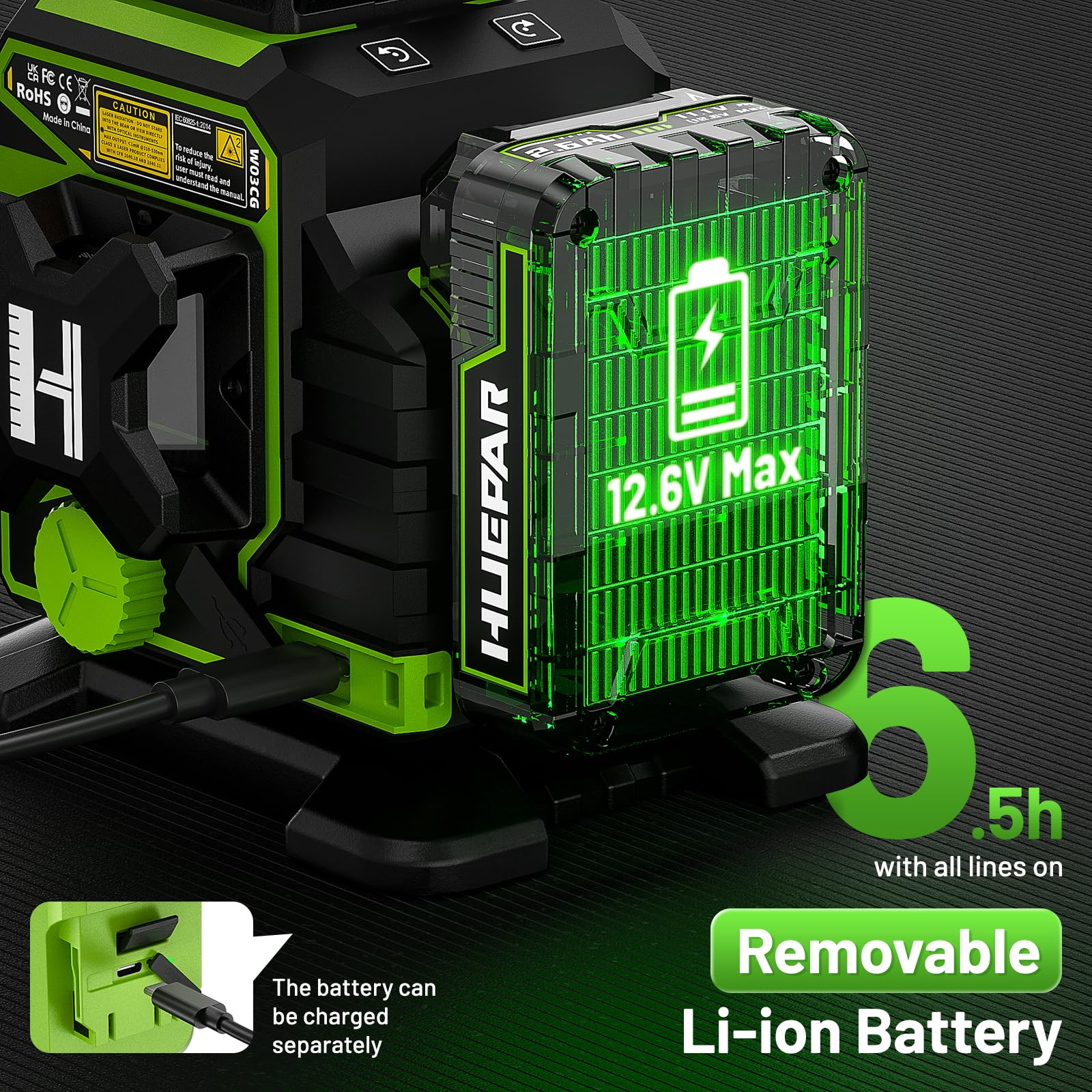 Huepar 3x360°Livella Laser Autolivellante con Bluetooth,12 Linee Verde Livello Laser dotato Base Rotante Elettrica,Grande Schermo LCD, Batterie Ricaricabili,Custodia Rigida e Telecomando-W03CG