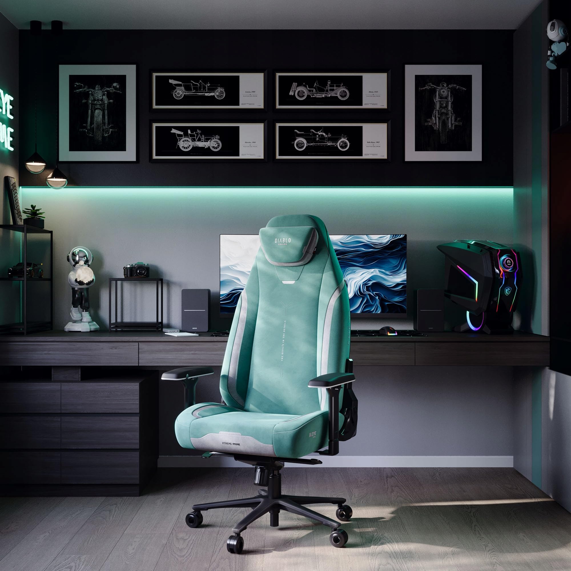 Diablo X.Eye Prime Silla Gaming Oficina, Sillon Gamer Ergonómico | Reposacabezas magnético | Reposabrazos 4D | Apoyo Lumbar Ajustable Integrado | Tejido | Carga de hasta 140 kg | Mystic Mint