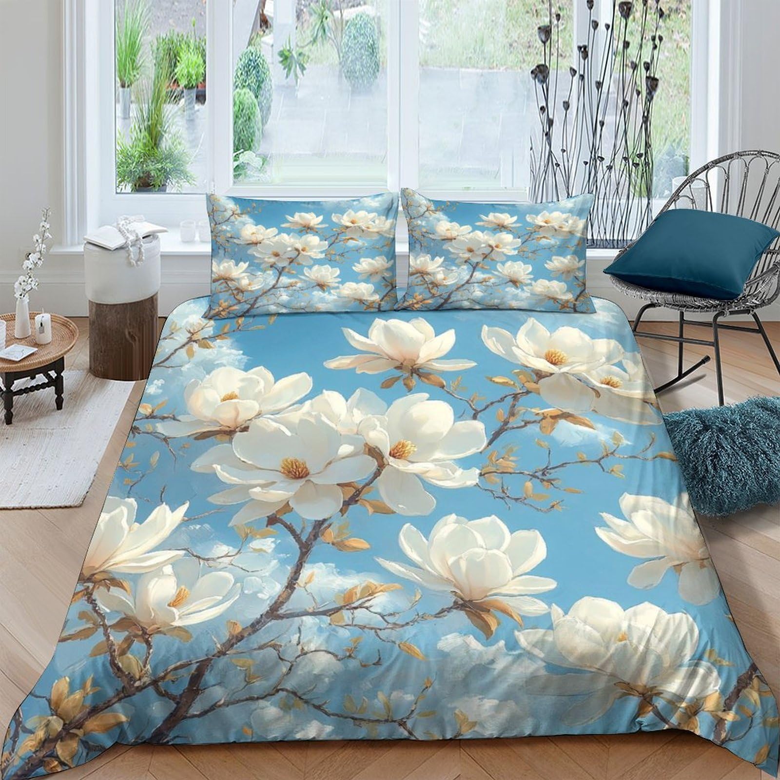Ctjqhvkz Style-7 3D Printed Magnolia Blossom Fitted Sheet Microfiber Soft Blue Floral Mattress Cover Bedroom Decor Anti-Slip Washable Single（135X200cm）